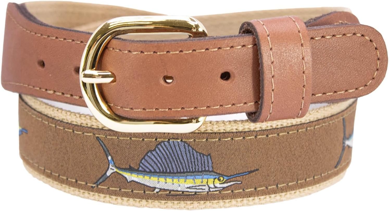 ZEP-PRO Billfish Slam Men's Woven Ribbon Belt – Repeating Game Fish Design With Tan Full Grain Leather Tabs – 1.25" Wide Outdoor Lifestyle Accessory, Size 36