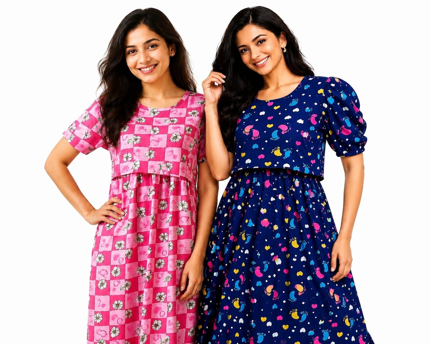 RENIS.Stores Cotton Zipless/Pullup Feeding Maternity Nighty for Women, Back Tie and Side Pocket, Checked & Blue Multi Feet Print | Pack of 2 | (Pink & Multicolor) M-Size-image-13