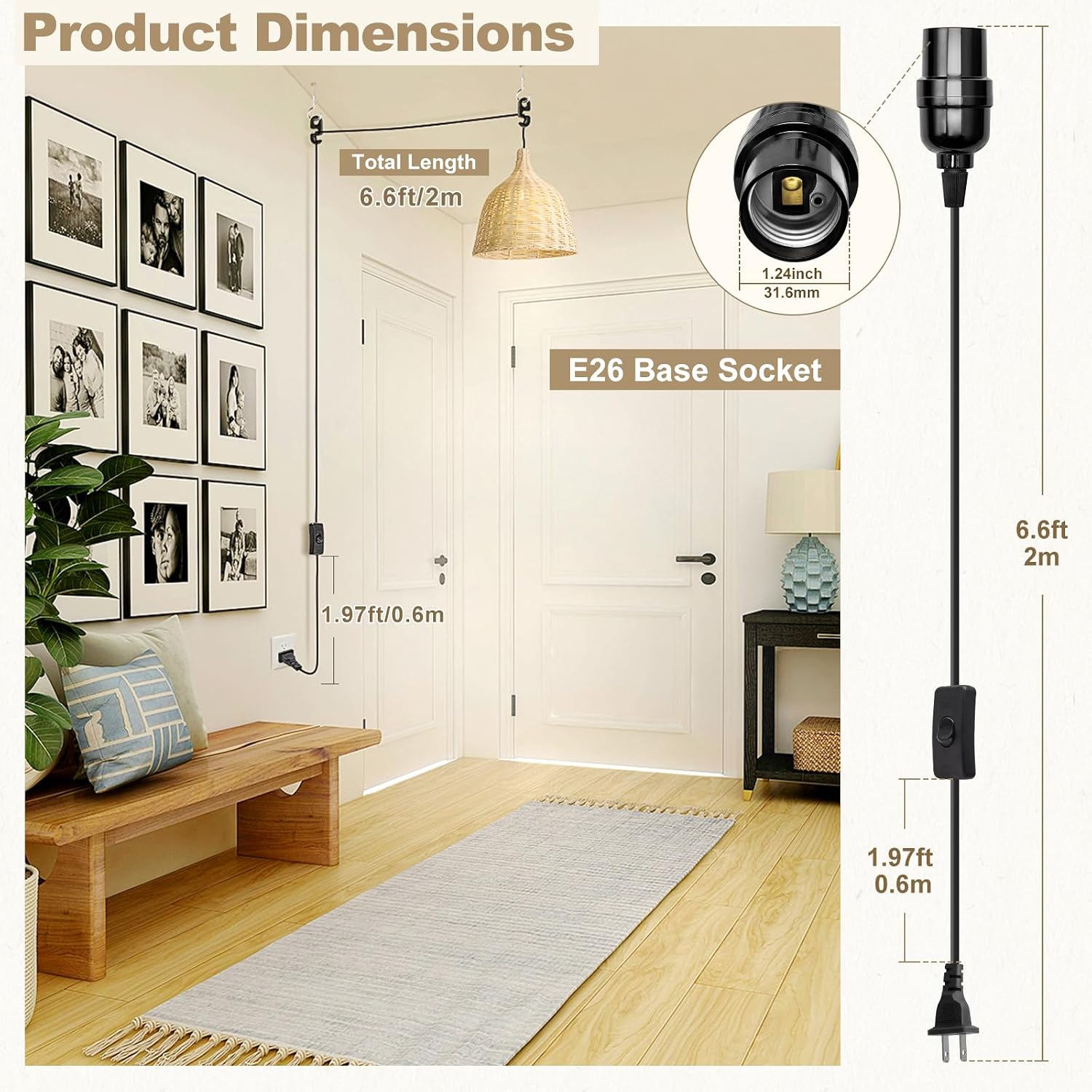 DiCUNO E26 Hanging Lantern Extension Cord product dimensions