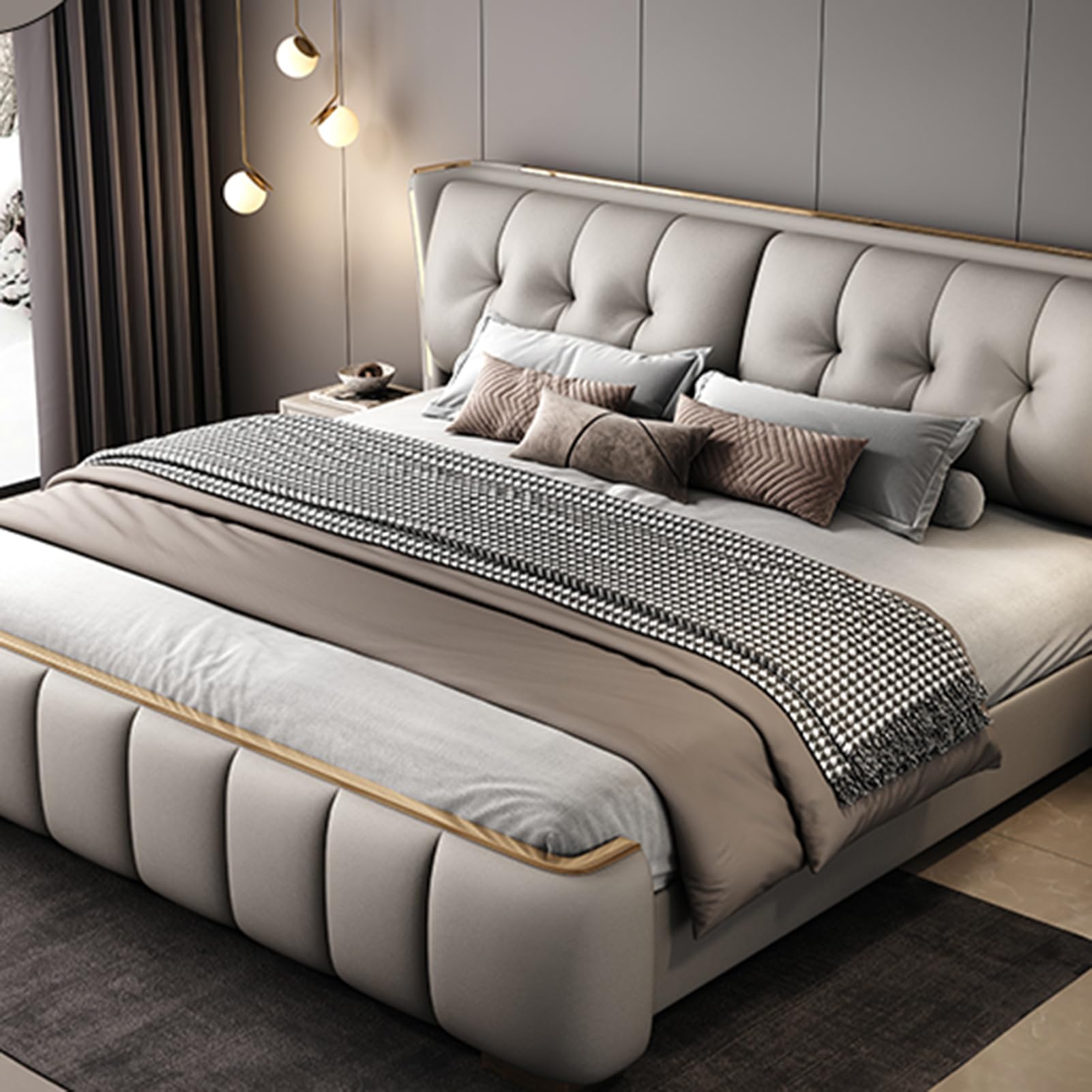 Modern King Size Genuine Leather Wood Bed Upholstered Platform Bed Frame with Headboard and Lift Up Storage Strong