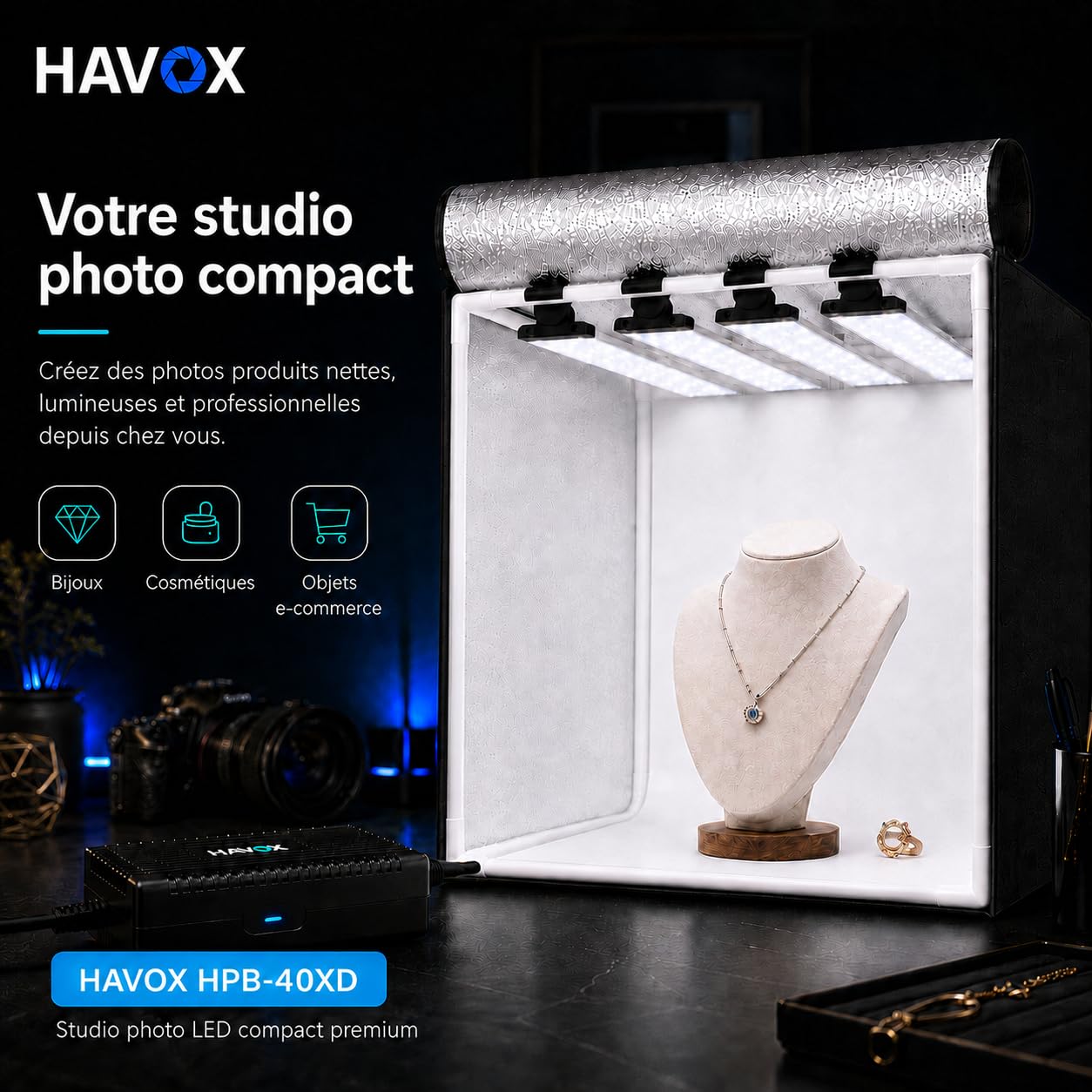 HAVOX Studio Photo HPB-40XD - 40x40x40cm – Boîte à lumière LED 5500K 26000lm – Lightbox Portable avec 4 Panneaux inclinables – Mini Studio e-Commerce – Shooting Produit Amazon, packshot, Fond Blanc