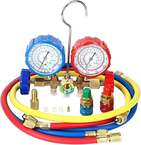 AutoRocking Juego de manómetros de diagnóstico de CA de 5 pies para refrigerantes R134A, R12, R22, R502 con parejas rápidas y adaptador y grifo