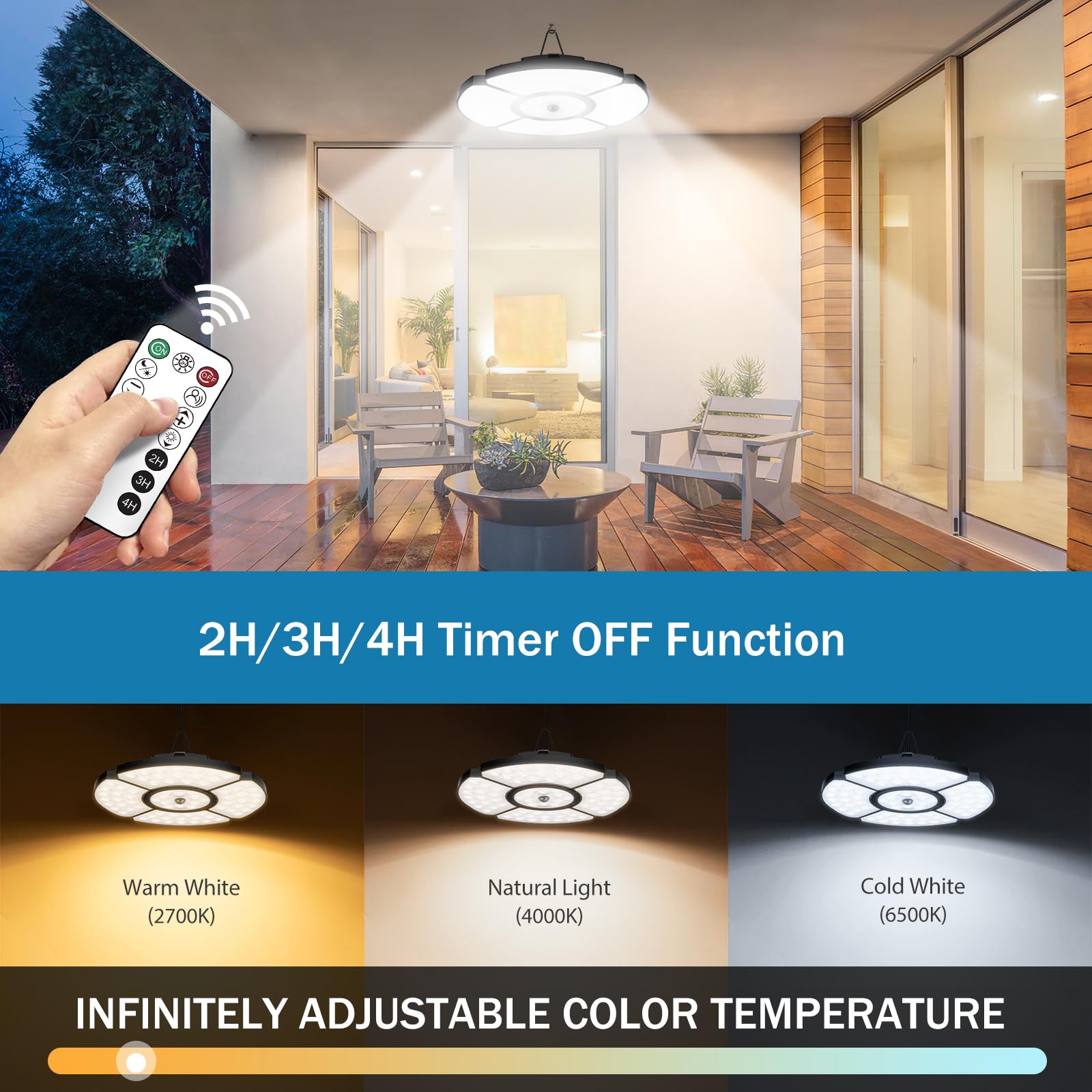MEIHUA Lampada a Sospensione Solare 2500K 4000K 6500K 5 Modalità 5000MAH Faretto Solare con Sensore di Movimento con Telecomando Luci Solari per Padiglione Terrazzato Garage