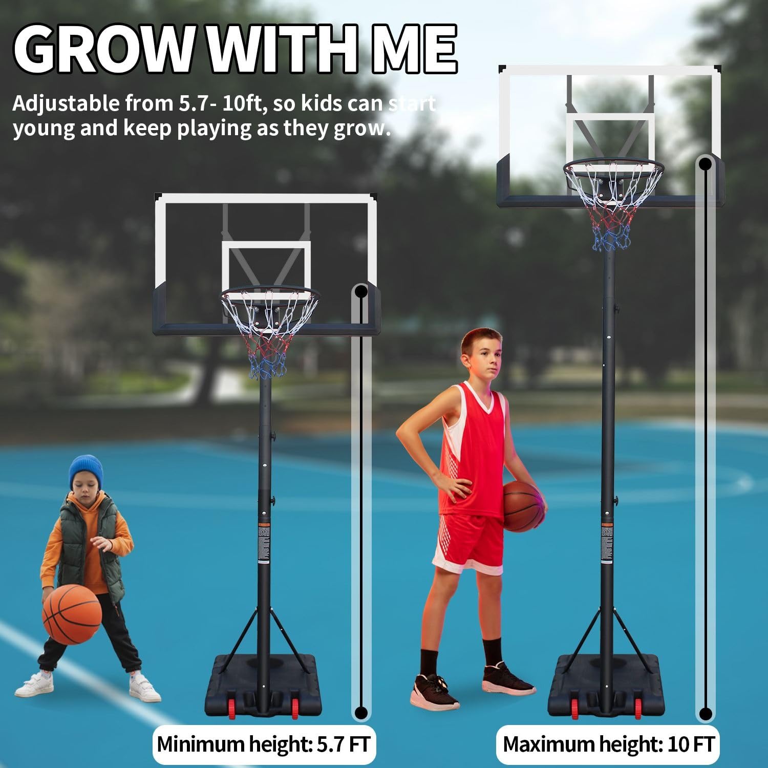 FRITHJILL Height Adjustable Portable Basketball Hoop System with 44-Inch Backboard, 5.7'-10' Adjustable Height, Fillable Base with Wheels for Teens & Adults, Indoor/Outdoor Use, Black