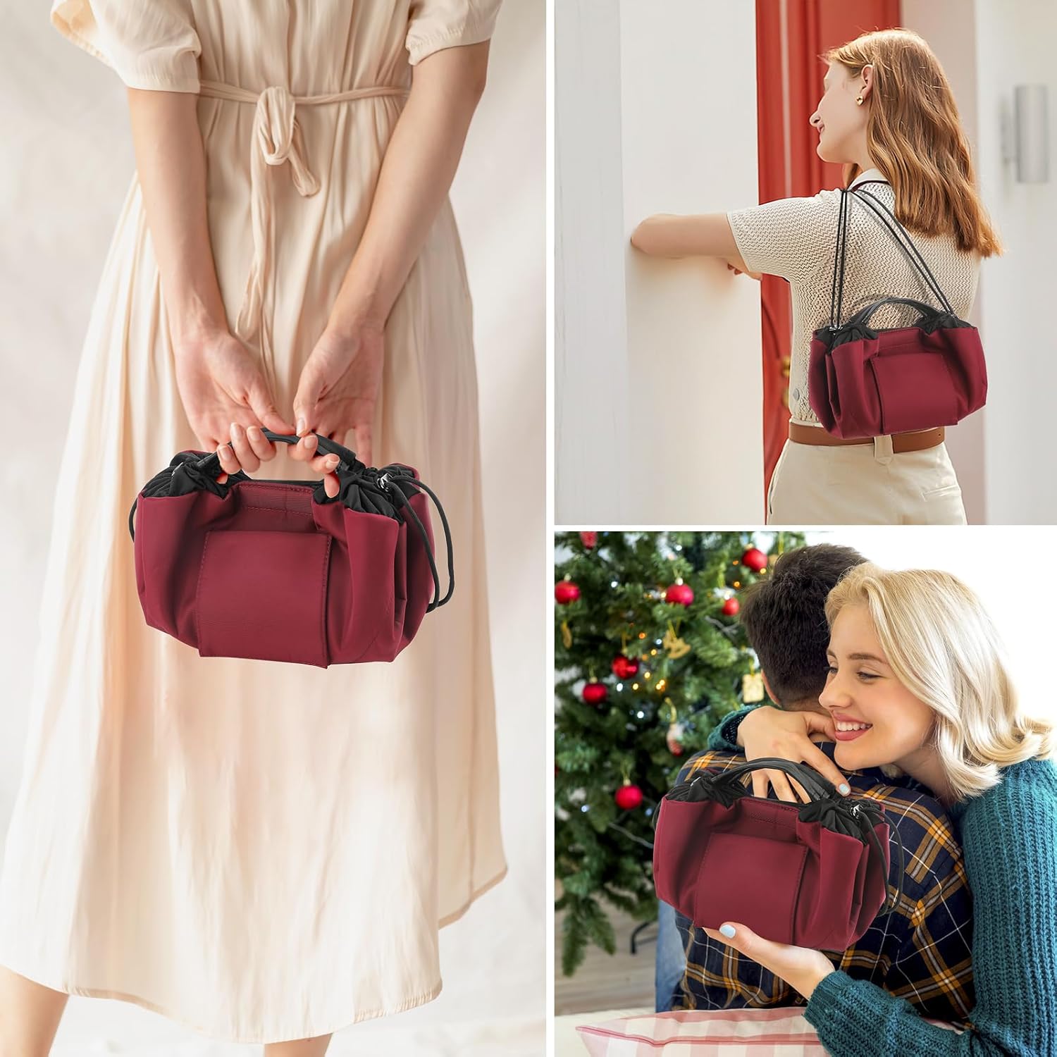 Vomgomfom 20 inch Drawstring Makeup Bag Open Flat,Waterproof Magic Cosmetic Pouch for Women (J-Wine Red) - Image 6