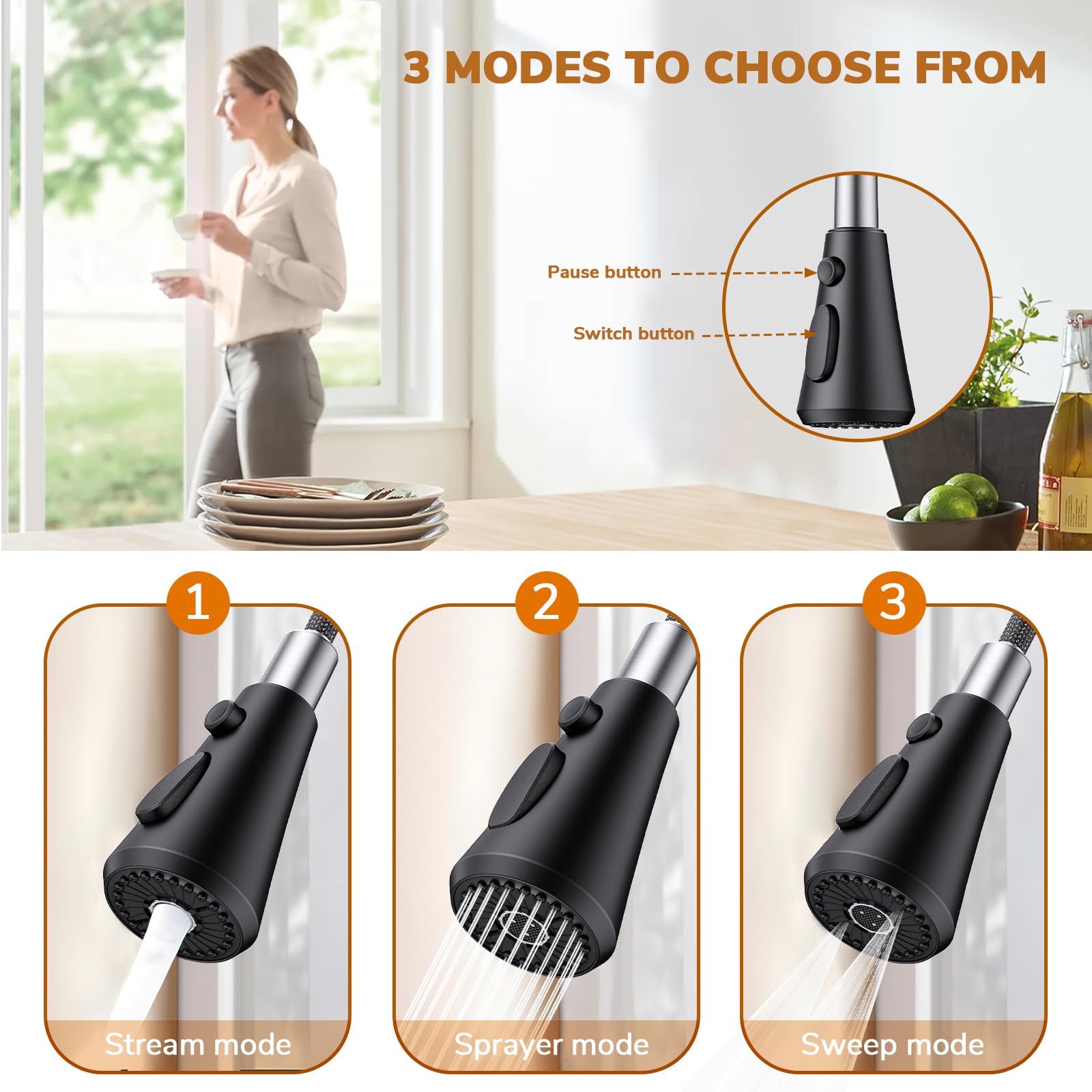 HURRAN Grifo Mural de Cocina, Grifo de Cocina con 3 Modos de Salida, Grifo Monomando Giratorio 360° de Acero Inoxidable, Negro Mate