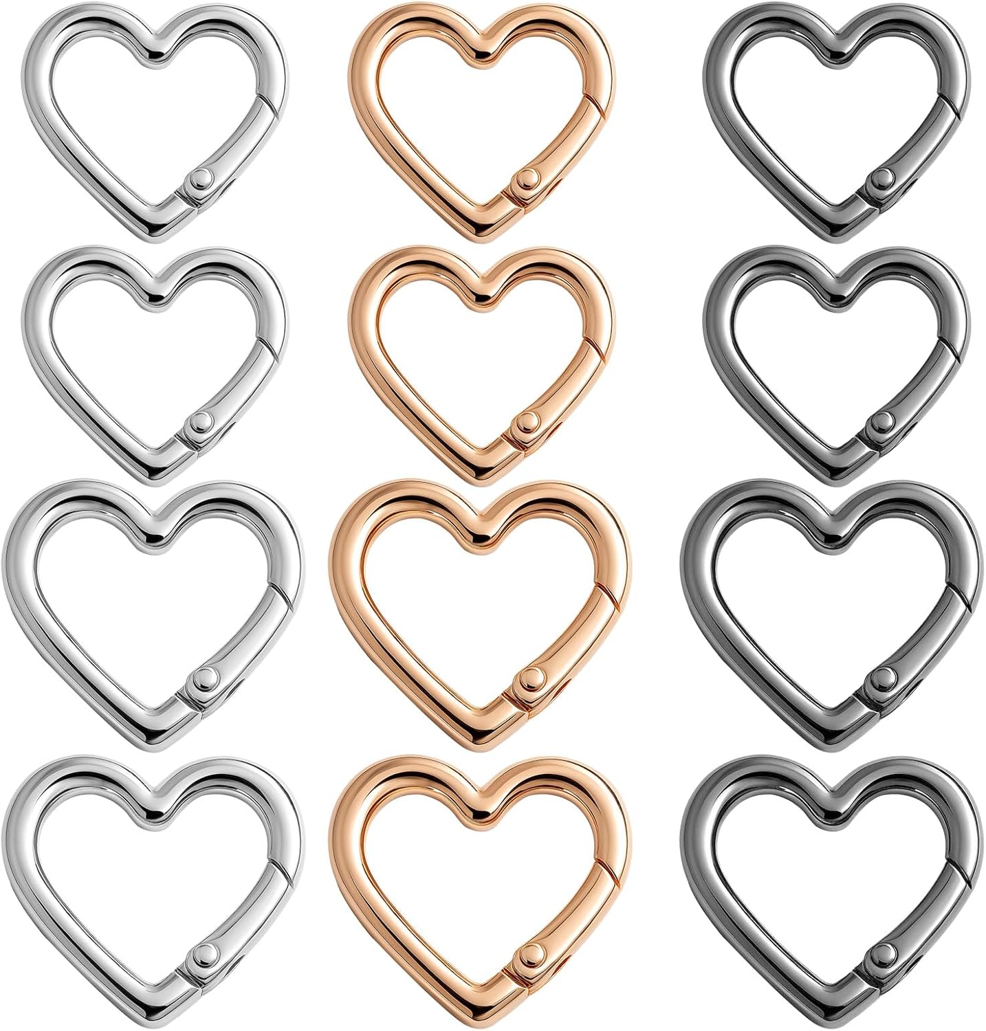 12pcs Heart Carabiner Clip,Alloy Mini Carabiner,2 Sizes Heart Keychains for Hiking Backpack,Car Charms,Purse Bling(Gold,Silver,Black)