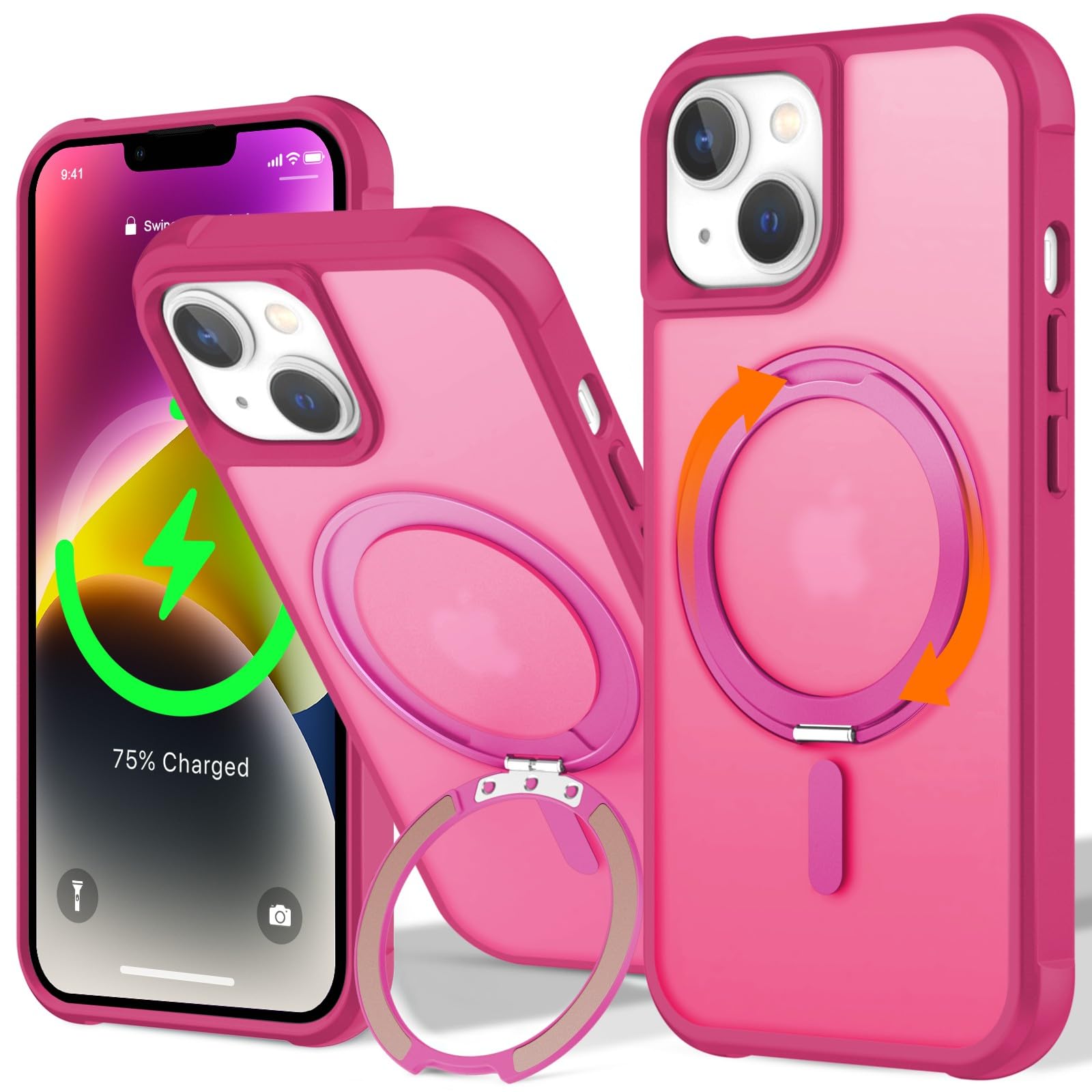 Support à boucle invisible coque iPhone 14 Plus rose rouge ultra fine rigide