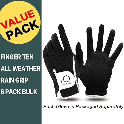 Miniatura 2 de FINGER TEN Guantes de golf para hombre, mano derecha e izquierda, RainGrip, para climas cálidos y húmedos, pack de 6 unidades, para todo tipo de