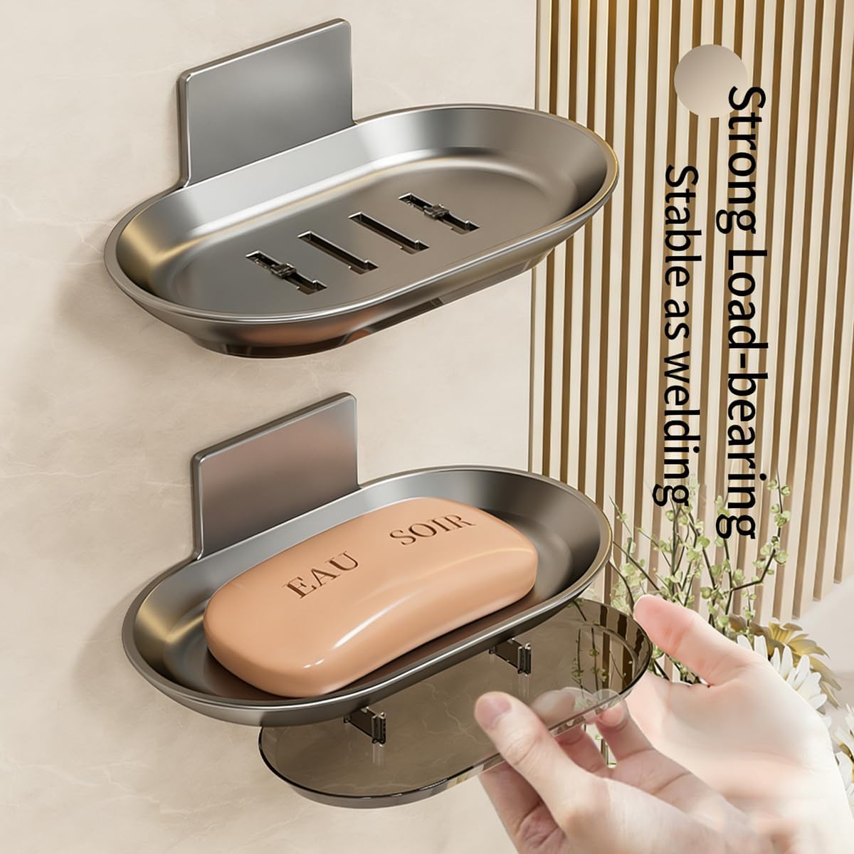 No Drilling Soap Dish for Shower, Self Draining Soap Bar Holder with Removable Drip Tray, Wall Mounted Rustproof Soap Saver for Bathroom, Kitchen, Toilet