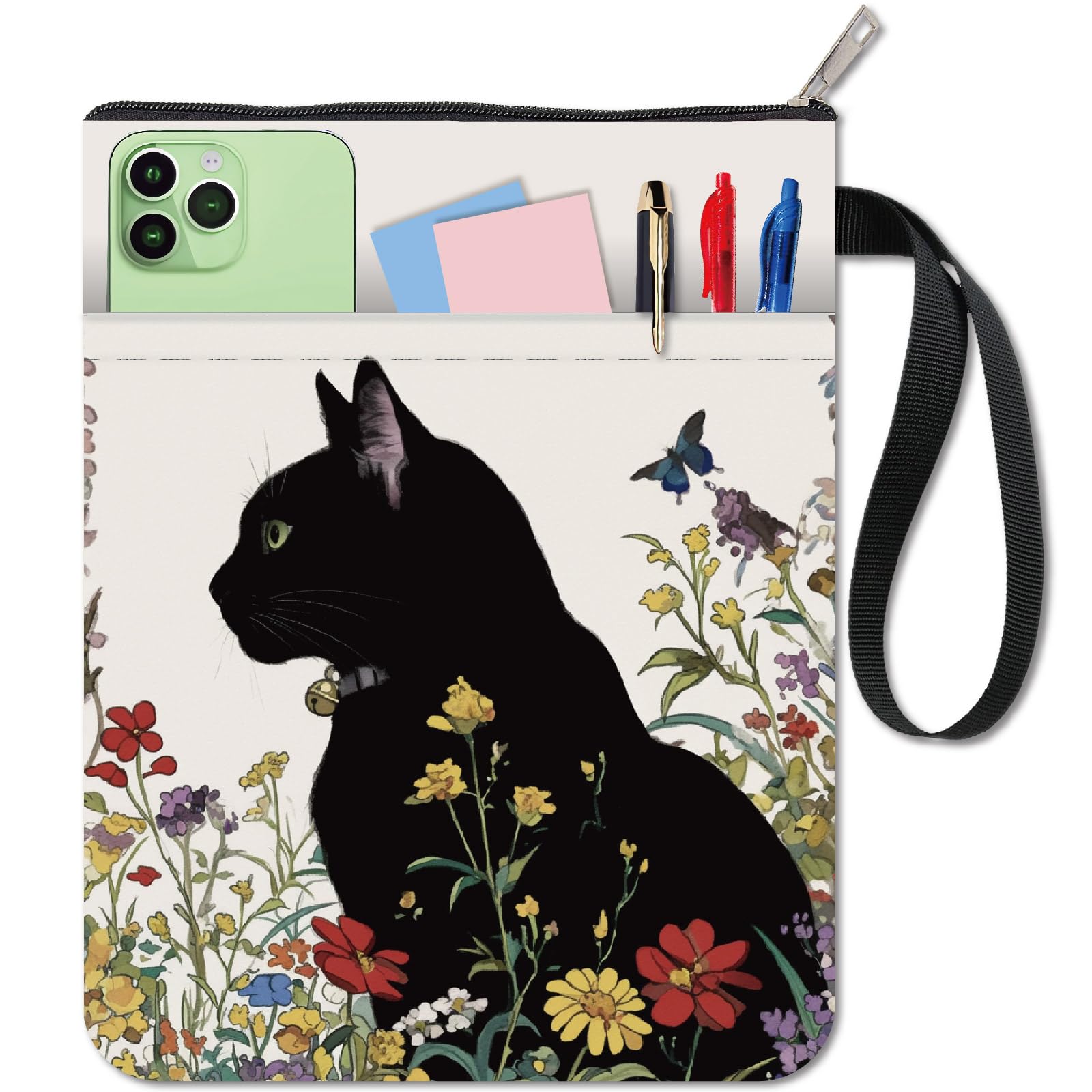 CRASPIRE Black Cat Book Covers Flower Book Protector Animal Book Sleeve for Paperbacks Washable Fabric Cloth Book Cover with Zipper and Extra Sleeve Pocket for Book Lovers Classmate Gifts