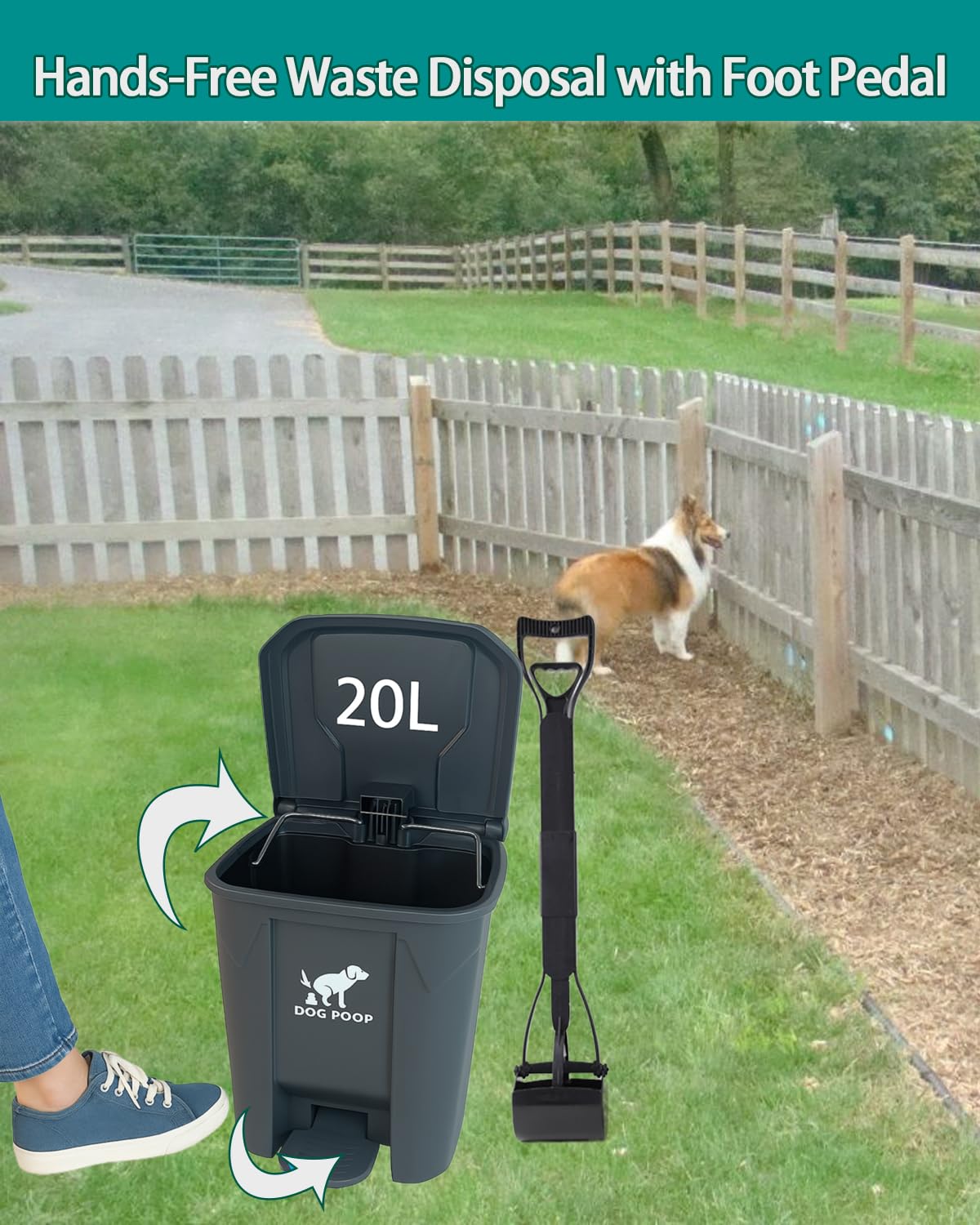 Grande cestino per la cacca per cani da 20 litri, con paletta pieghevole per i rifiuti degli animali domestici, impermeabile, pedale, secchio interno e 100 sacchetti per il cortile