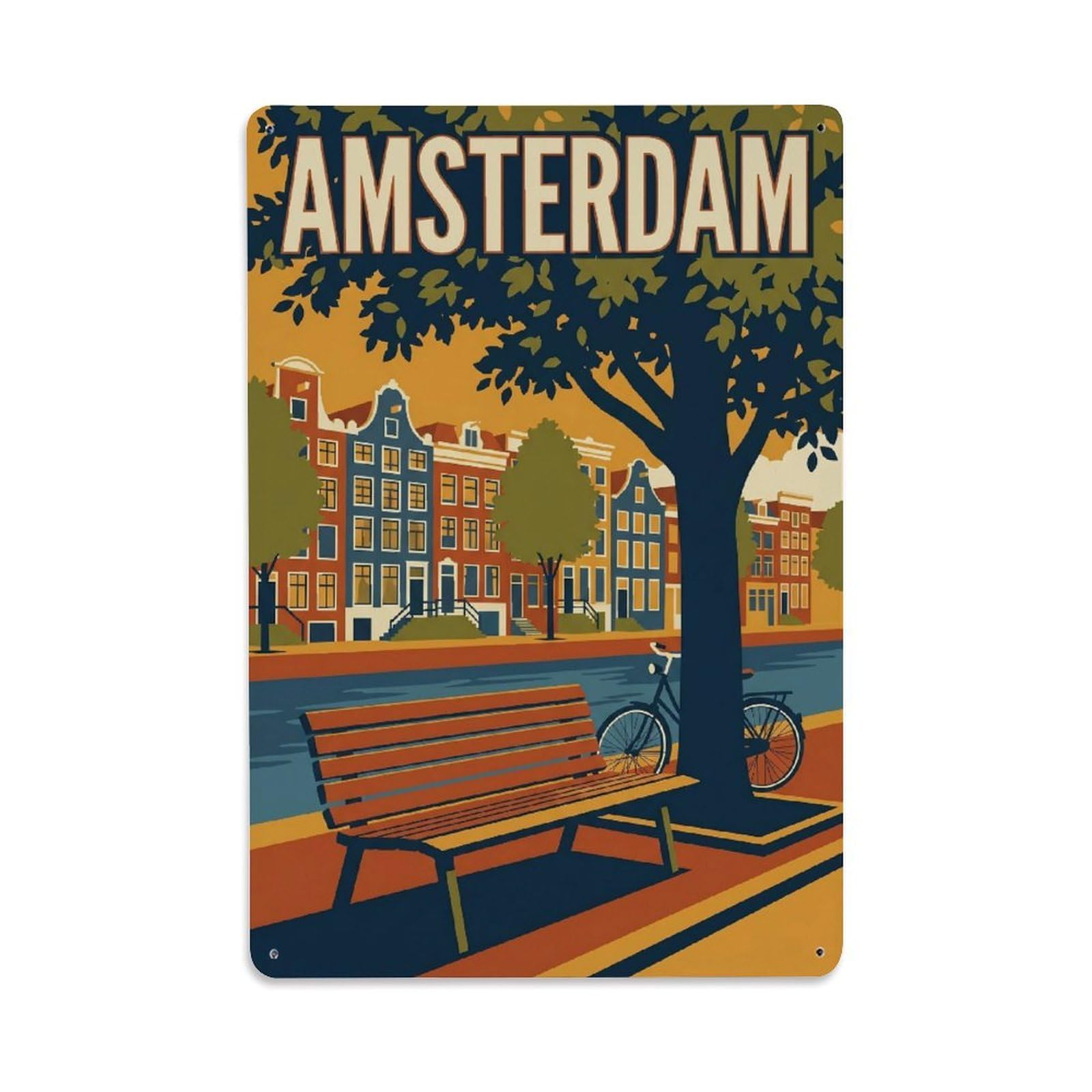 Okngb Style Canal Waterfront Retro Amsterdam Tourism Quay Harbor Metal Tin Sign Plaque Wall Decor For Cafe, Man Cave, Club Bar, Office, Home Garden Round Metal Poster 8X12inch