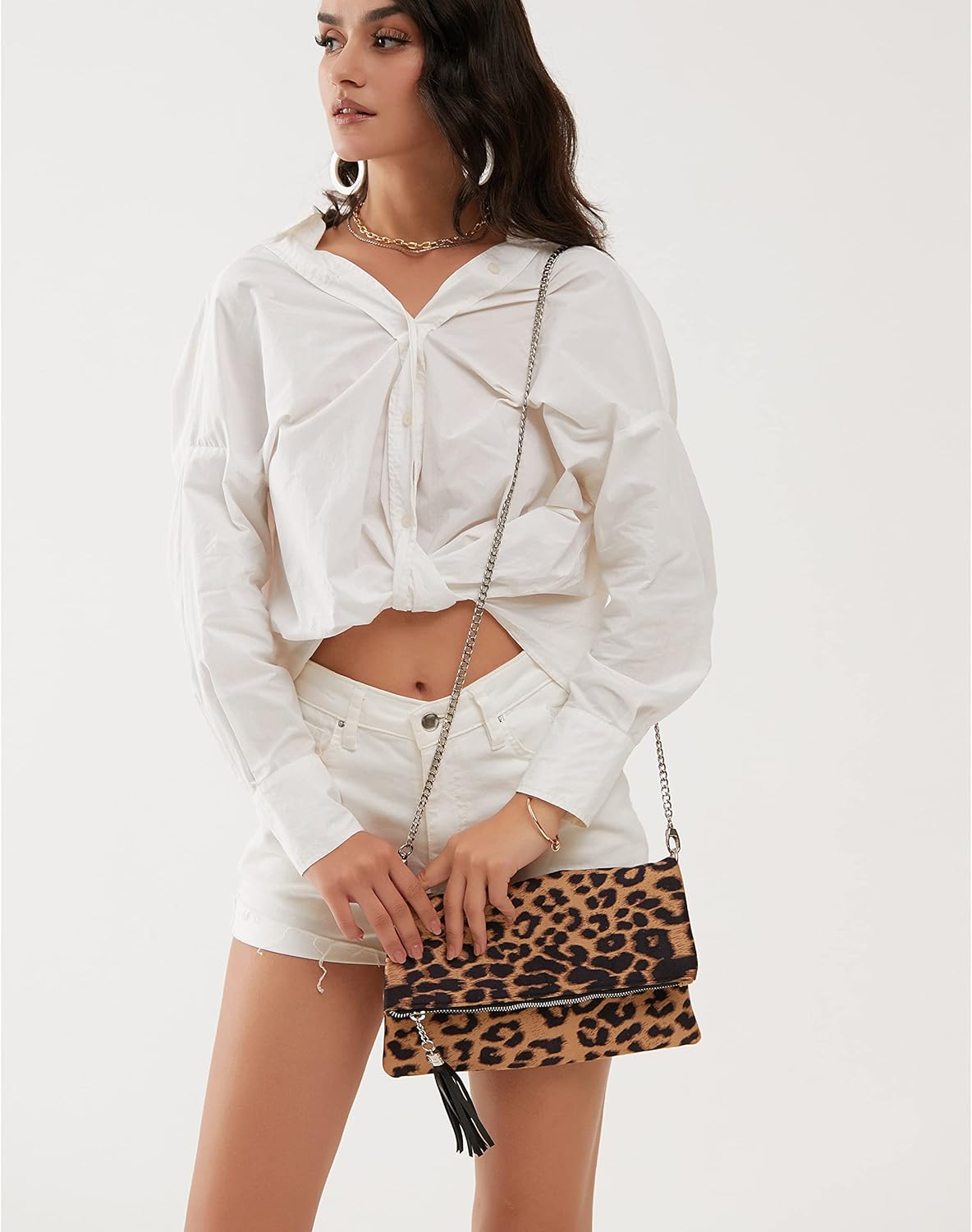 Leopard Zipper Foldover Clutch Envelope Purse Women Cross body Bag with Chain Strap - Image 4