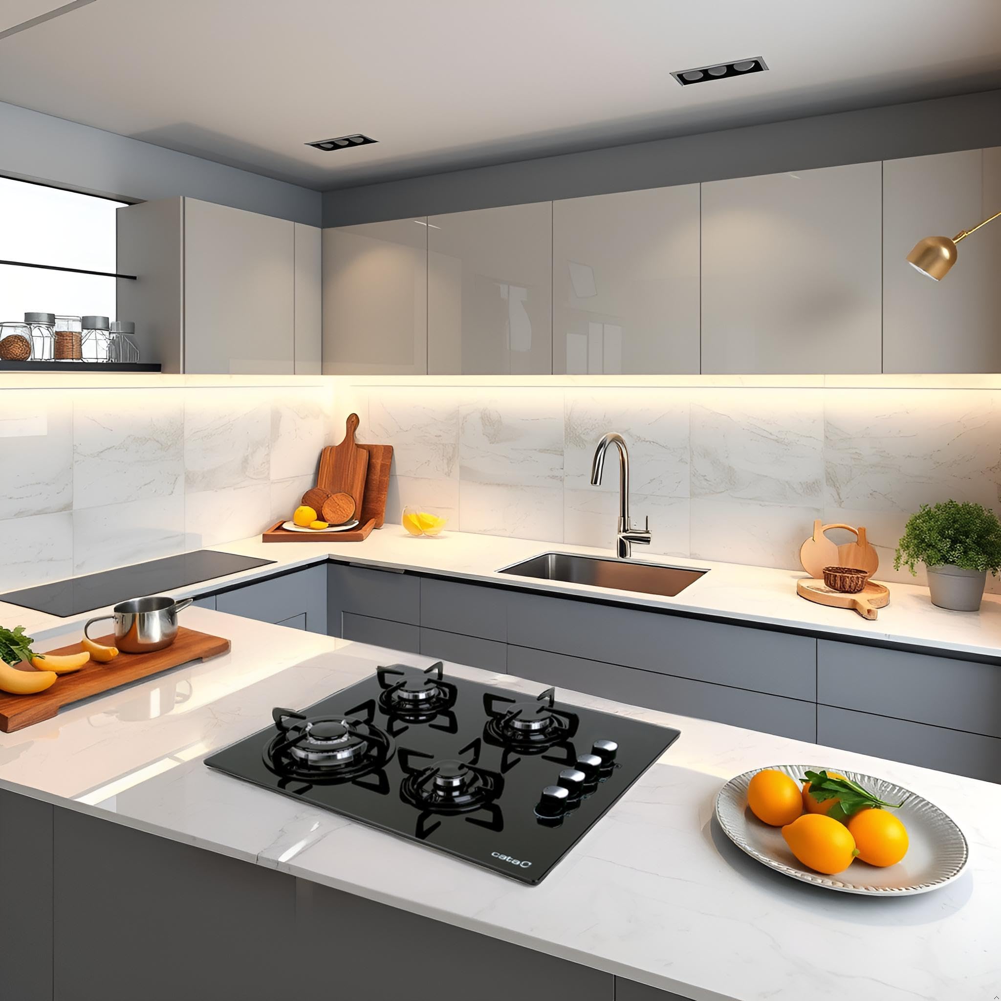 CATA CIB 6031 BK Plaque de cuisson au gaz 4 brûleurs 1 triple couronne Pour cuisinière à gaz naturel Largeur 59 cm Puissance totale de 8 Kw Tiges et brûleurs émaillés
