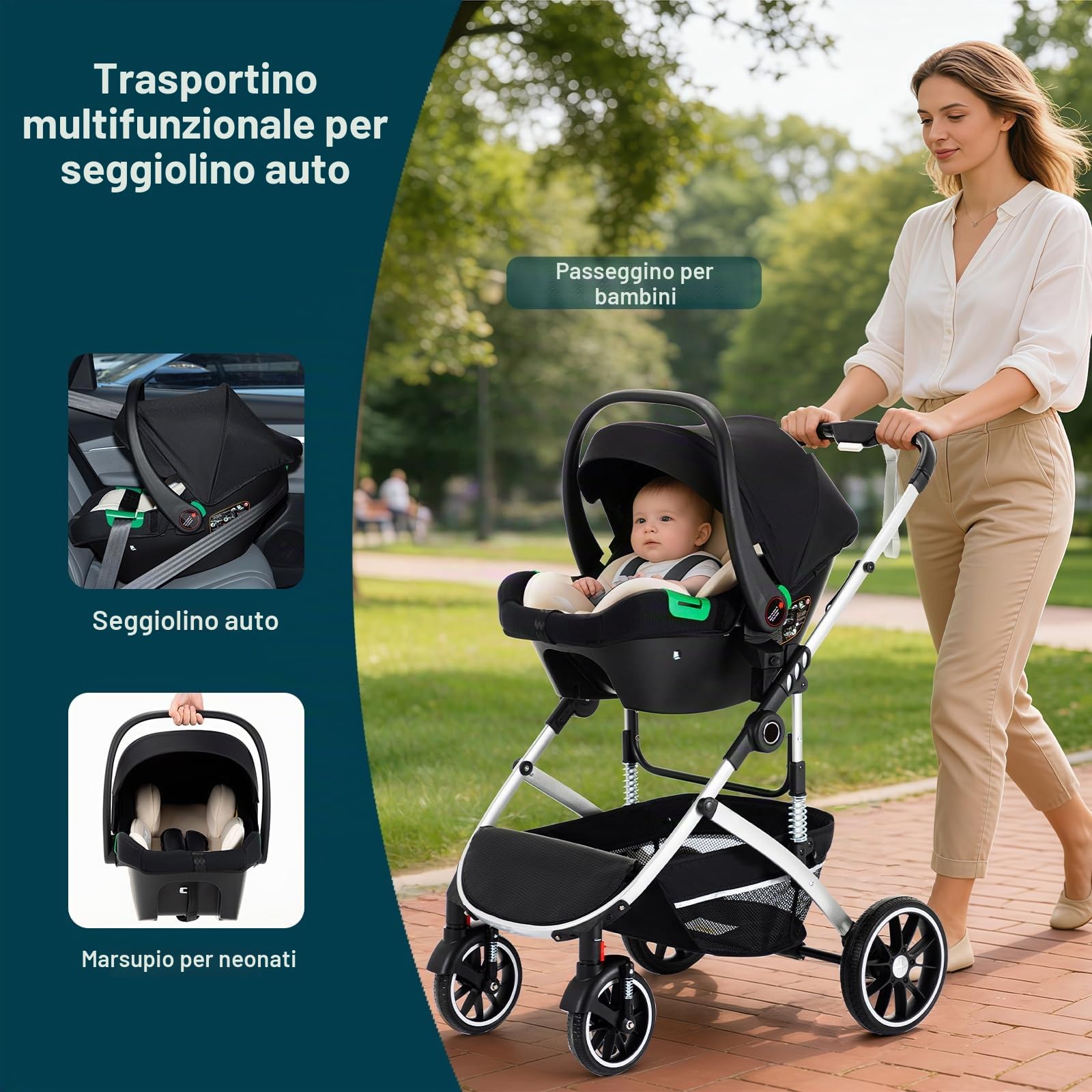 Passeggino 3 in 1, sistema da viaggio City Carrozzina, pieghevole con un clic, carrozzina e seggiolino auto con zanzariera, passeggino alto per neonati da 0 a 4 anni, grigio chiaro