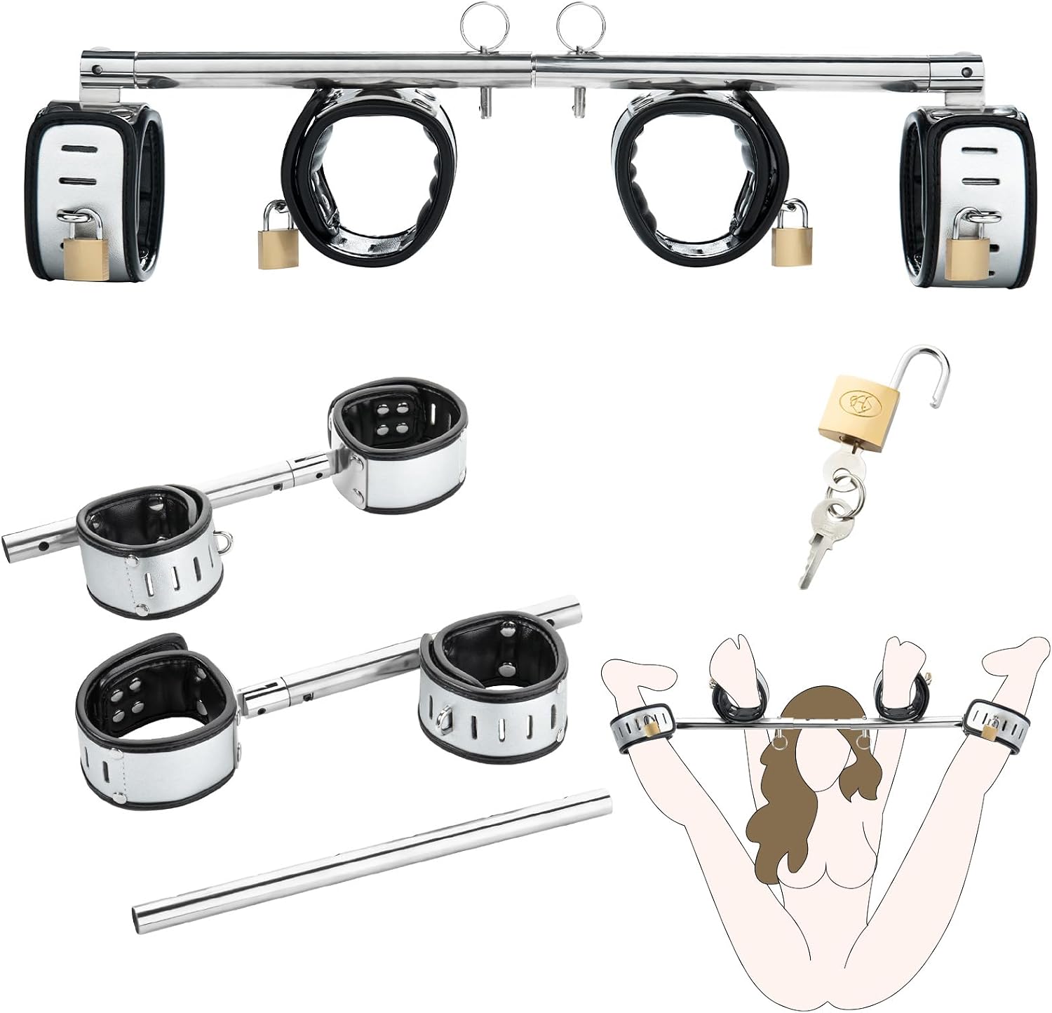 Spreader Bar with Locks Heavy Duty Swiveling Stainless Steel Bar Sex Toys Sexy Furniture Restraints with 4 Furry PU Adjustable Cushioned Handcuffs Ankle Cuffs BDSM Bondage Set for Couples Adults SM Games Sex Play