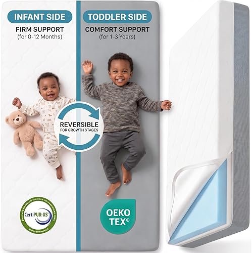 Dual Sided Baby Crib Mattress, 5 Inch Thick Soft & Firm Memory Foam Breathable Toddler Mattress, 4 in1 Standard Baby Bed Mattresses with Removable Washable Cover 52x27.6x5 - Gray