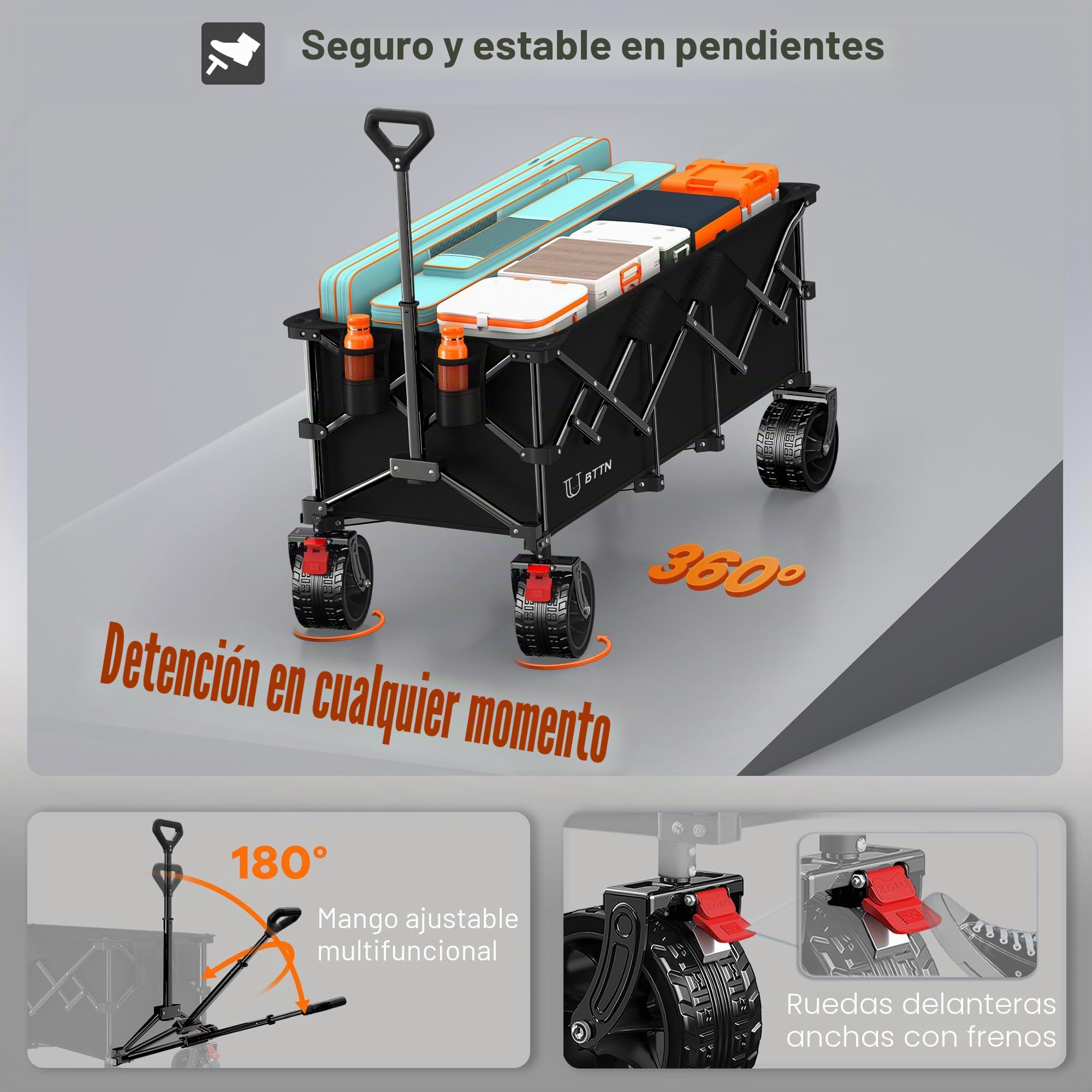 BTTN Carro plegable XXXL 300 L, 210 kg, con frenos, apto todo terreno neumáticos 18 x 10 cm, plegable jardín, playa, camping compras