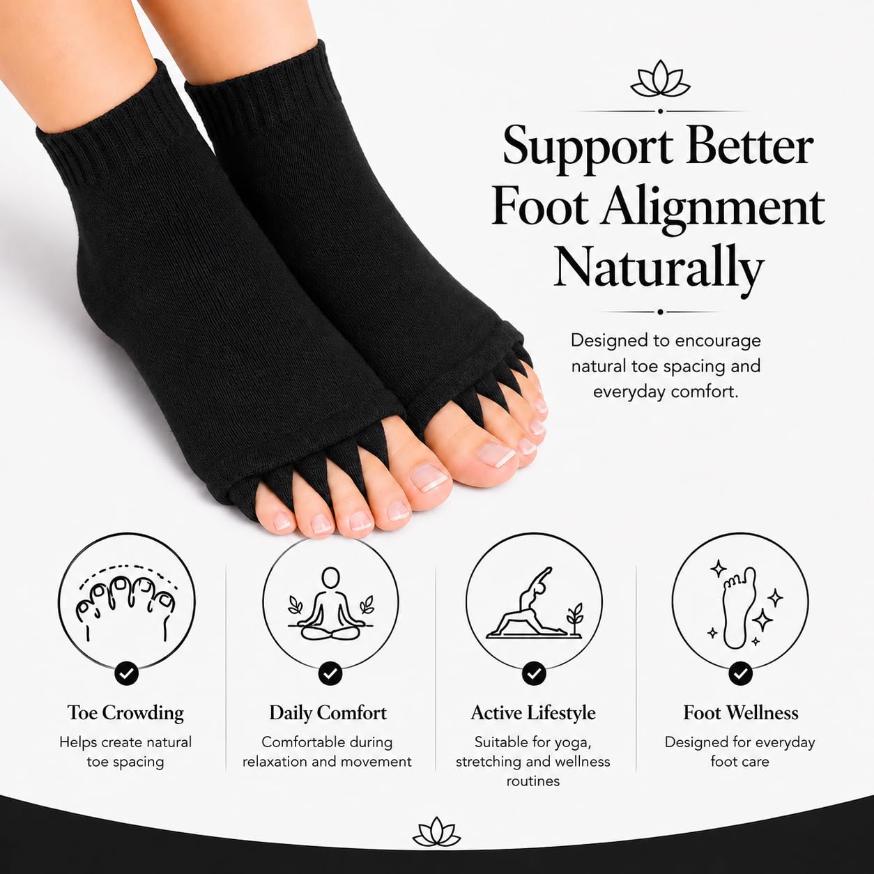 Soxbae Foot Alignment Orthopedic Cotton Socks for Men & Women | Five Toe Separator | Foot Pain Relief | Bunion Corrector | Plantar Fasciitis Support | Improves Posture & Flexibility | Free Size | Black | 1 Pair 4