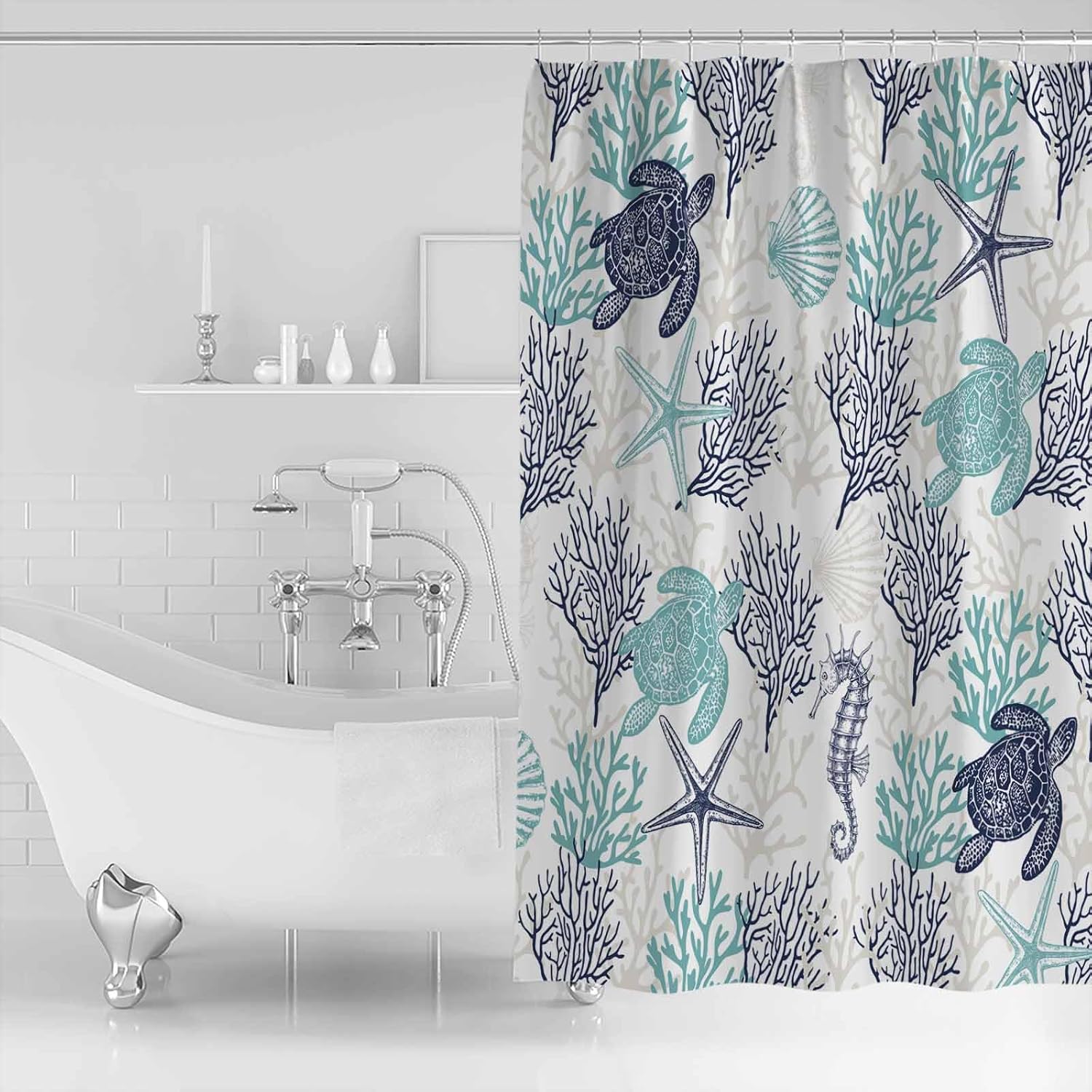 Shower Curtain, Summer Turtle Coral Teal Sea Seahorse Waterproof Shower Curtain Set with Hooks for Bathroom Showers,Stalls and Bathtubs,72x72In Ocean Starfish