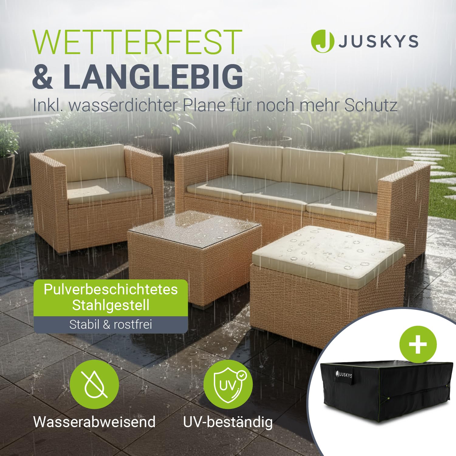 Juskys® Polyrattan Lounge Punta Cana L inkl. Abdeckung für 4-5 Personen mit 3er Sofa, Sessel, Hocker, Tisch & Kissen, Sitzgruppe für Garten, Terrasse und Balkon, Gartenmöbel Set wetterfest - Creme