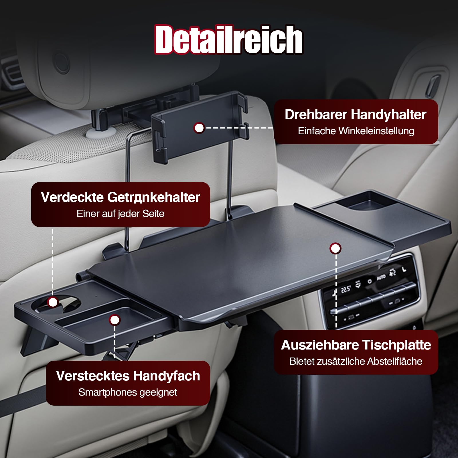 Tavolo pieghevole per auto, allungabile, per l'uso sui sedili anteriori e posteriori, design ergonomico, con portabicchieri nascosti e supporto per cellulare, per lavoro e relax