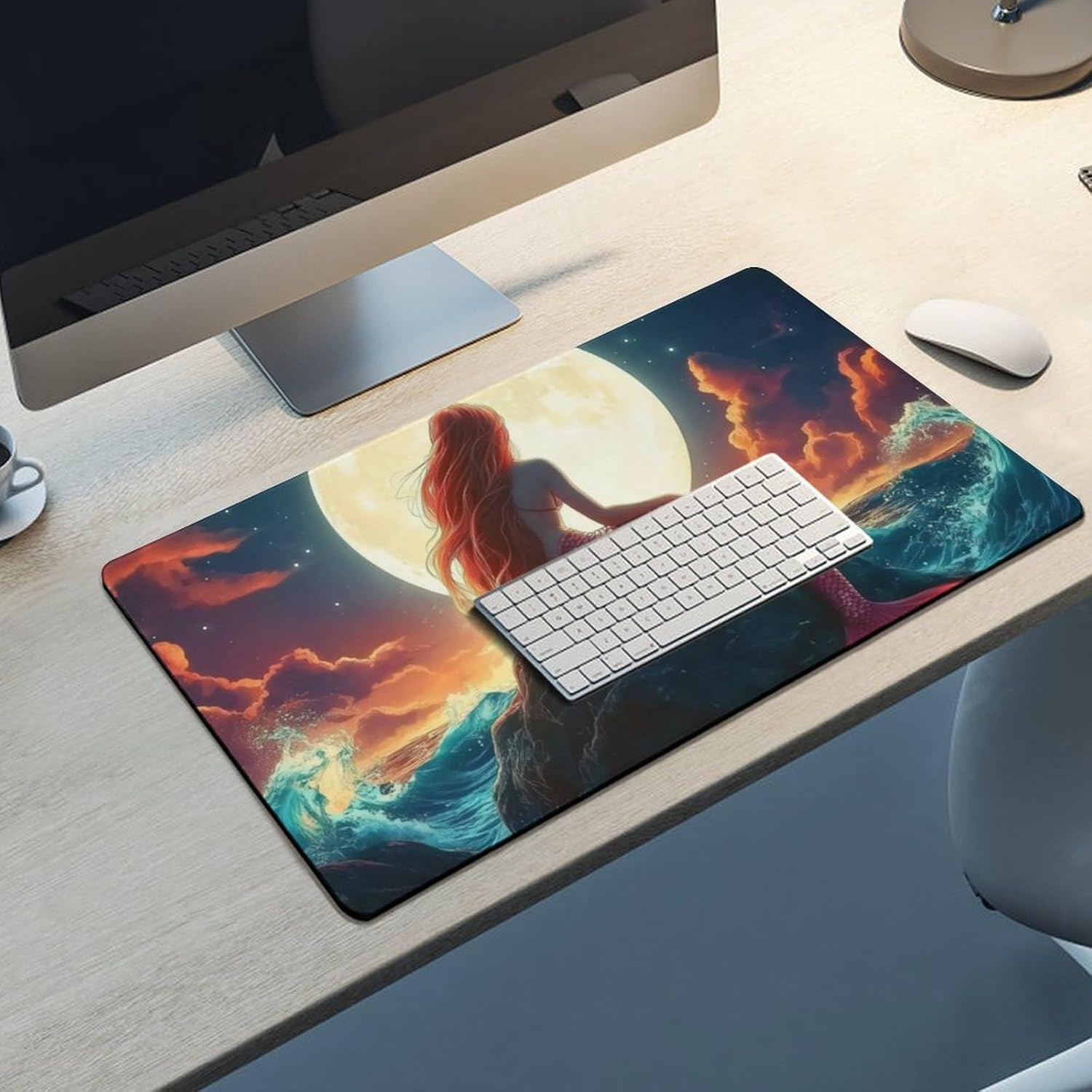 Mermaid Red Wave Rock Moon Large Mouse Pad Gaming Mousepad Desk Pad for Keyboard and Mouse Mat Non-Slip Base 40X75cm