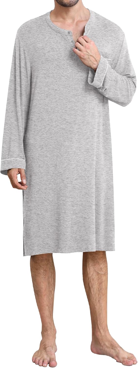 SWOMOG Men's Nightshirt Long Sleeve Nightgown Soft Loose Sleepwear Comfy Big & Tall Henley Sleep Shirt for Sleeping S-XXL - Image 2