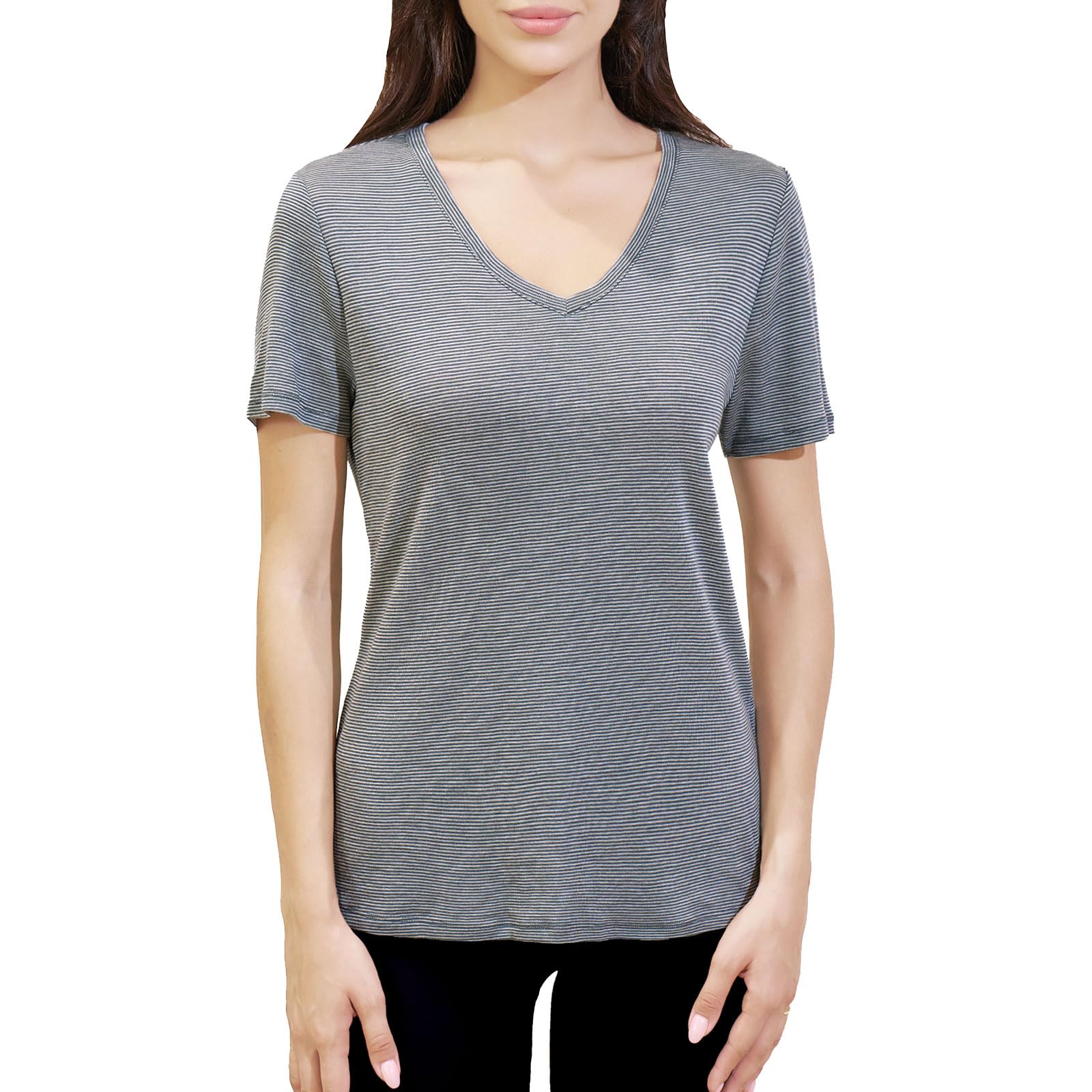 Merino Protect 100% Merino Shirt Damen Kurzarm V-Ausschnitt Geruchsabweisendes T-Shirt Merinowolle Unterwäsche Komfort Merino Wolle Tshirt Unterhemd (Staubblaue Streifen,X-Large)