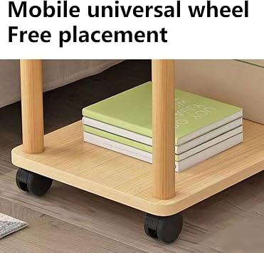 Rolling End Table with Wheels, 2-Tier 150lb Shelf, MDF Top Solid Wood Frame, Industrial Sofa/Coffee Table Wooden Color