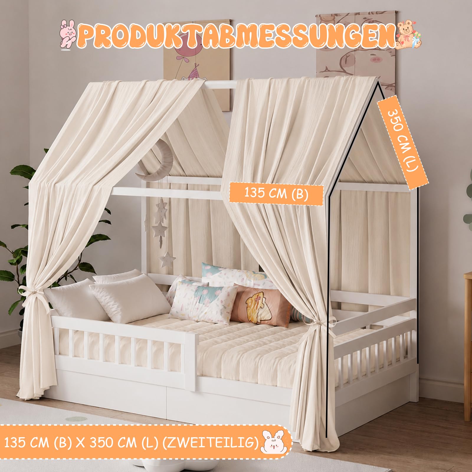 2 Stück Hausbett Himmel, Betthimmel Hausbett aus 100% Musselin Baumwolle, Bett Vorhang für Hausbett Deko, Stoffhimmel Baldachin für Mädchen Jungen(Beige, H350 x B135 cm (2 Stück))