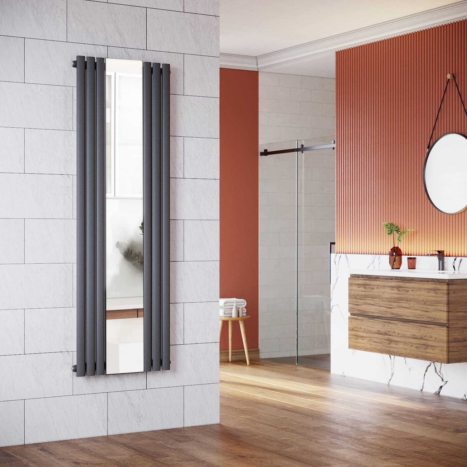 ELEGANT Radiateur de salle de bain design en tubes, avec miroir, 1 800 x 500 mm, anthracite, simple couche, raccord central, tube vertical