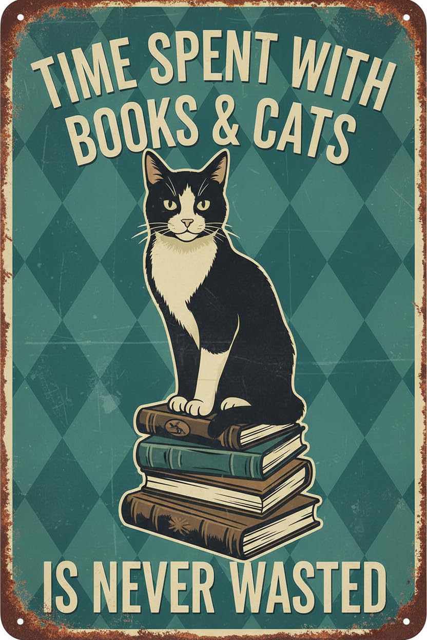 Metal Tin Sign Time Spent With Books And Cats Is Never Wasted 8x12 Inch Wall Decor Vintage Signs Aluminum Plates Printed