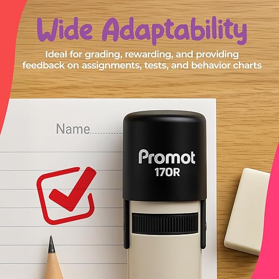 Promot - Self-Inking Stamps for Teachers, Round Rubber Stamp for Grading & Feedback, Quick-Dry Ink Stamps, Clear Imprint, Refillable Classroom Stamp & No-Mess Design (Check Box)