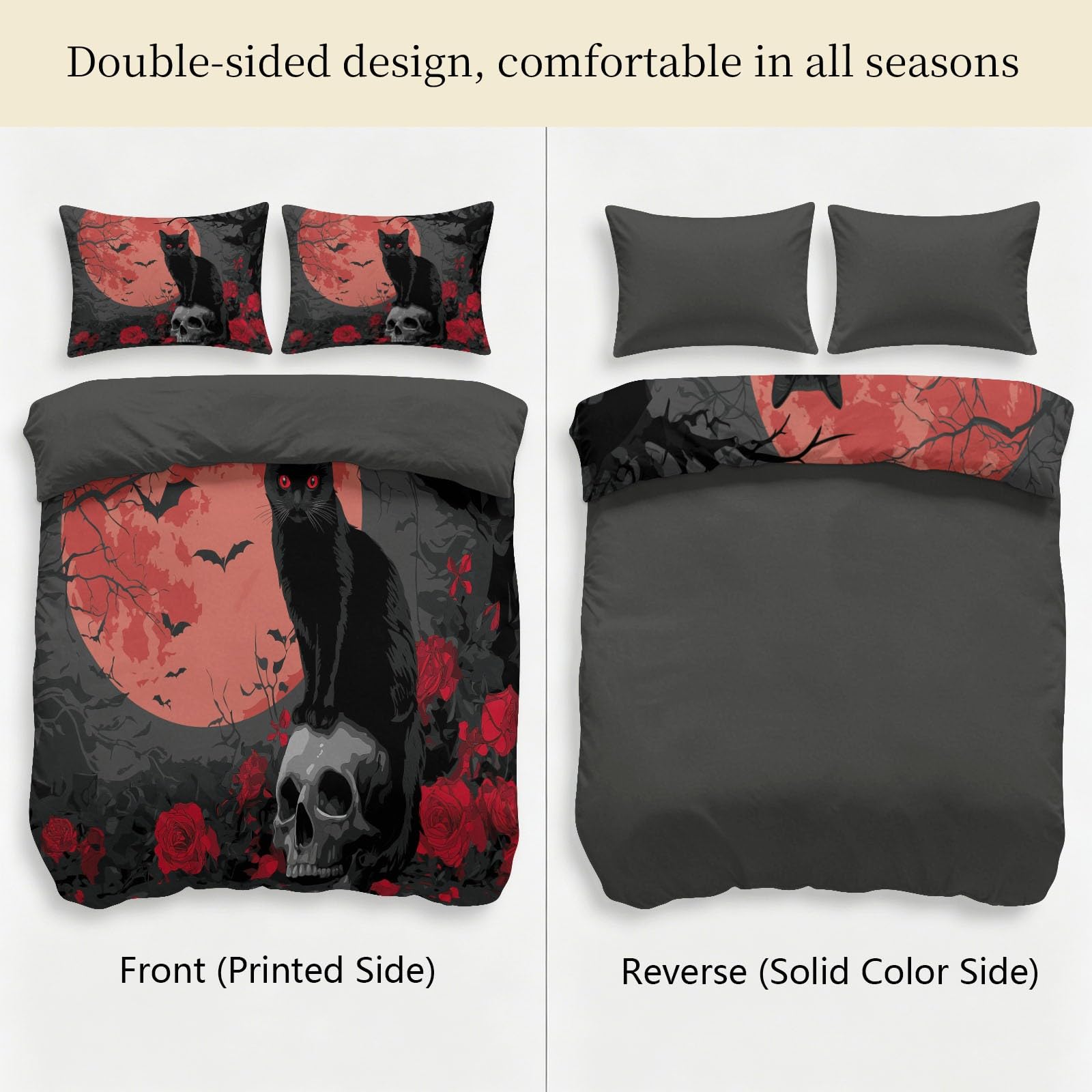 Juego de funda de edredón y funda de almohada de Halloween con diseño gótico rosa, calavera de gato negro, luna roja, ropa de cama de microfibra suave, 260 x 220 cm, reversible, hipoalergénica, para