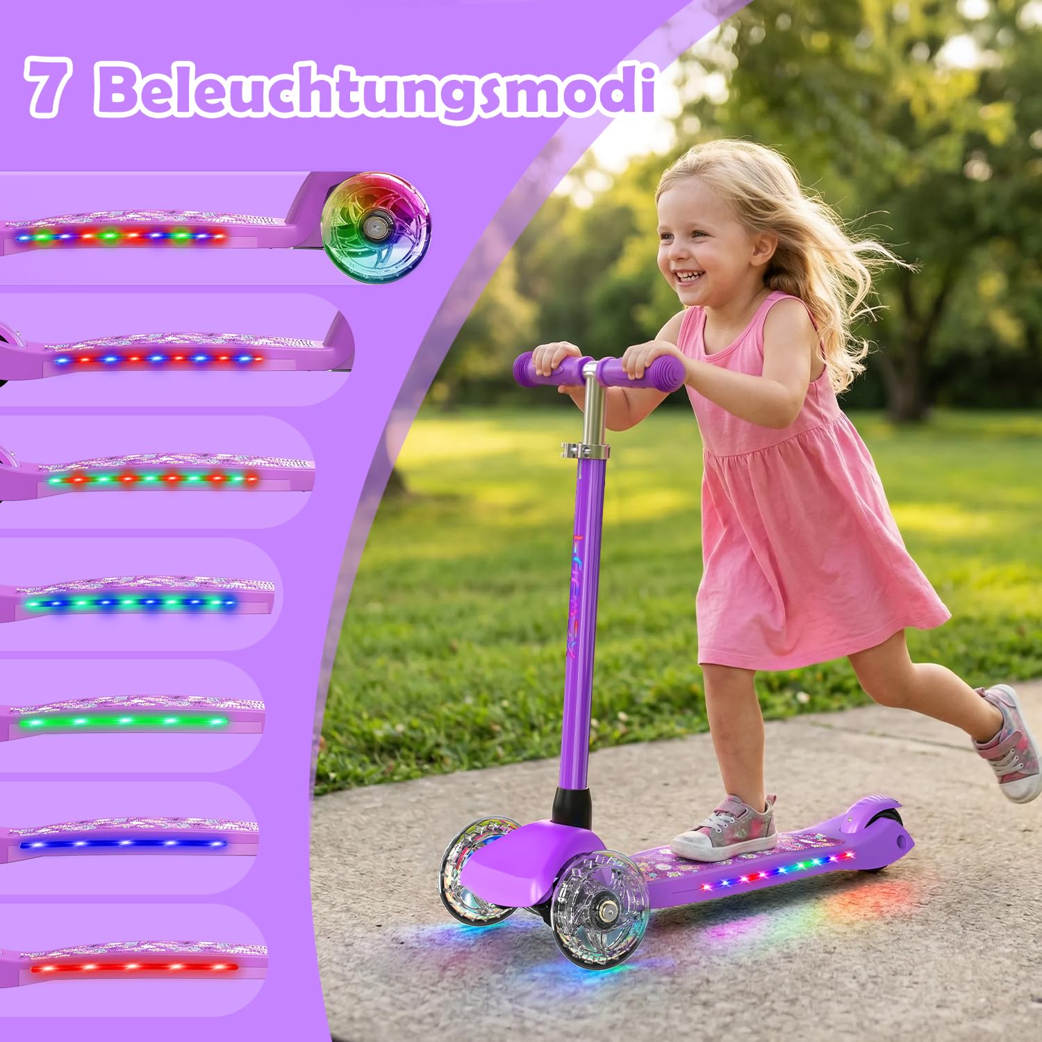TONBUX Roller Kinder 3 Jahren, Kinder Roller mit Cool Beleuchteten Vorbau, Rädern und Deck, Verstärktes Metall-Deck, Höhenverstellbar 65–80 cm, Sensibler Hinterradbremsen, Roller für von 3–8 Jahren