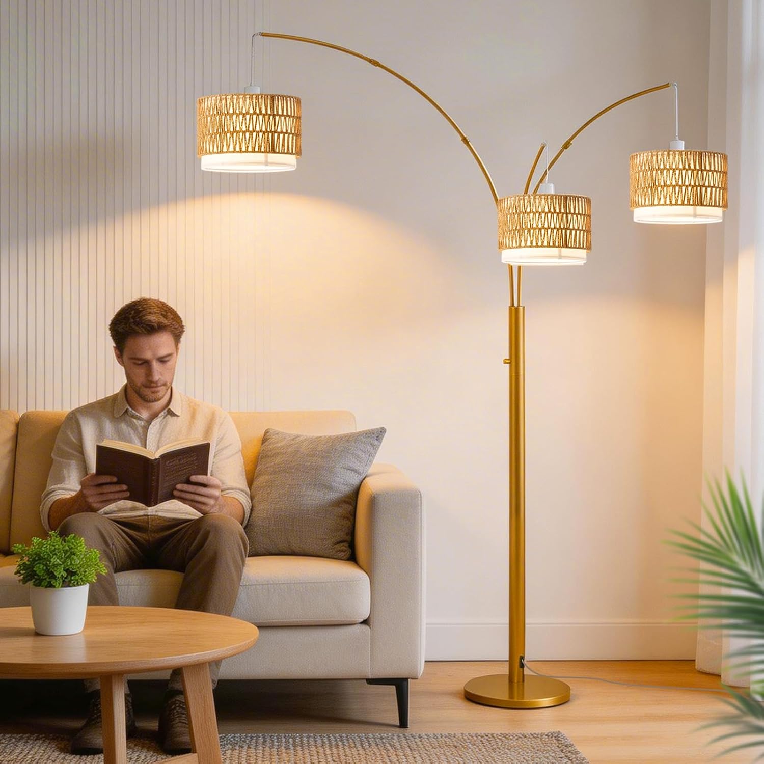 gold arc floor lamp for living room, boho floor lamp with stepless dimmable switch, rattan standing lamp with wicker&fabric shade, mid century tall lamp for bedroom over couch reading gold-1