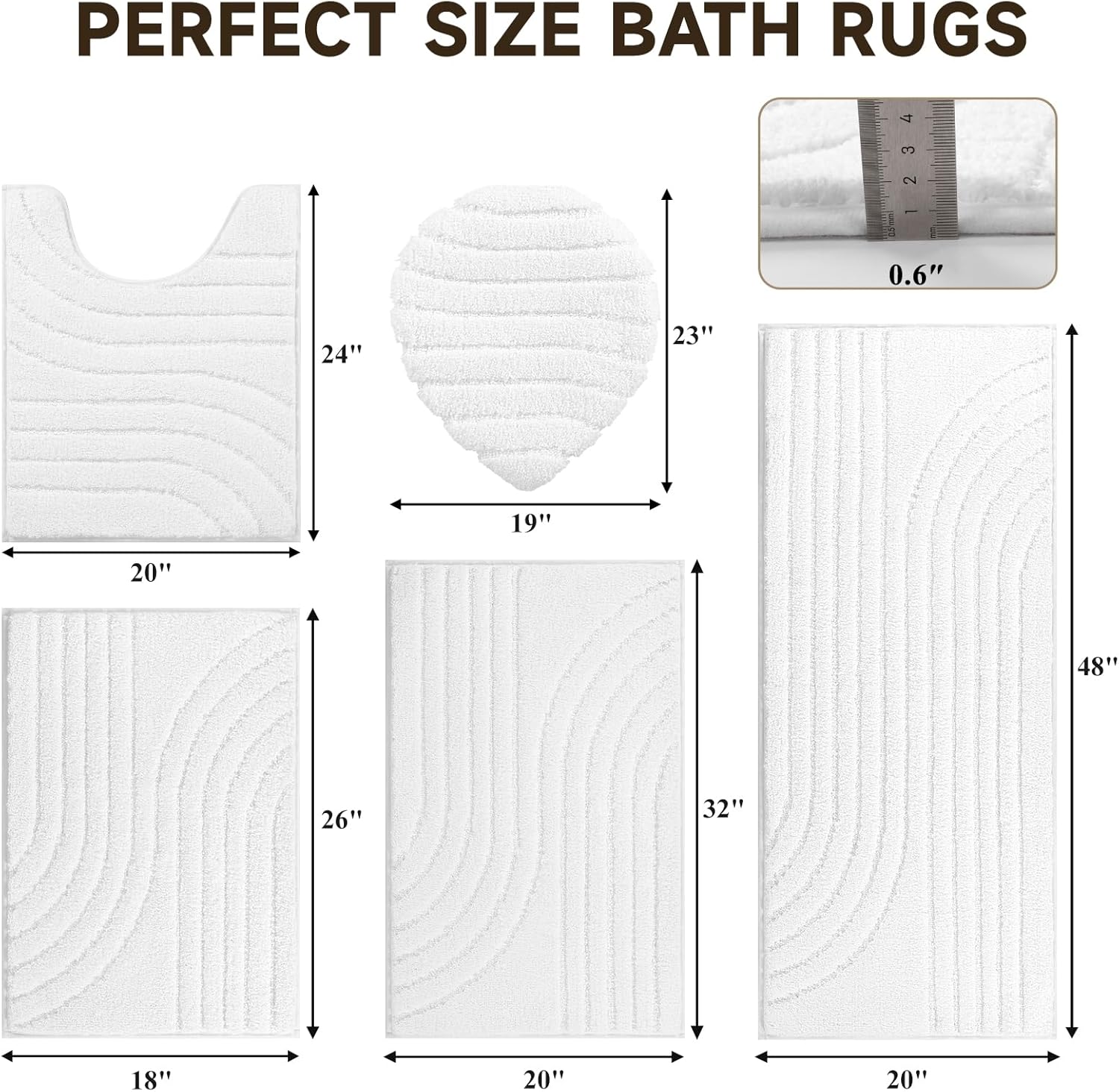 Pauwer Bathroom Rugs Sets 5 Piece, Plush Absorbent Microfiber Non Slip Bath Mat Set for Bathroom, Washable Runner with U Shaped Contour Toilet Rugs, Shower Mats and Toilet Lid Cover, White