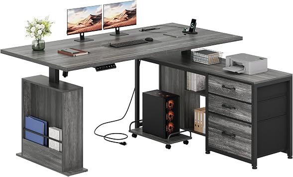 63 L Shaped Desk with 3 Drawers Electric Standing Desks Grey