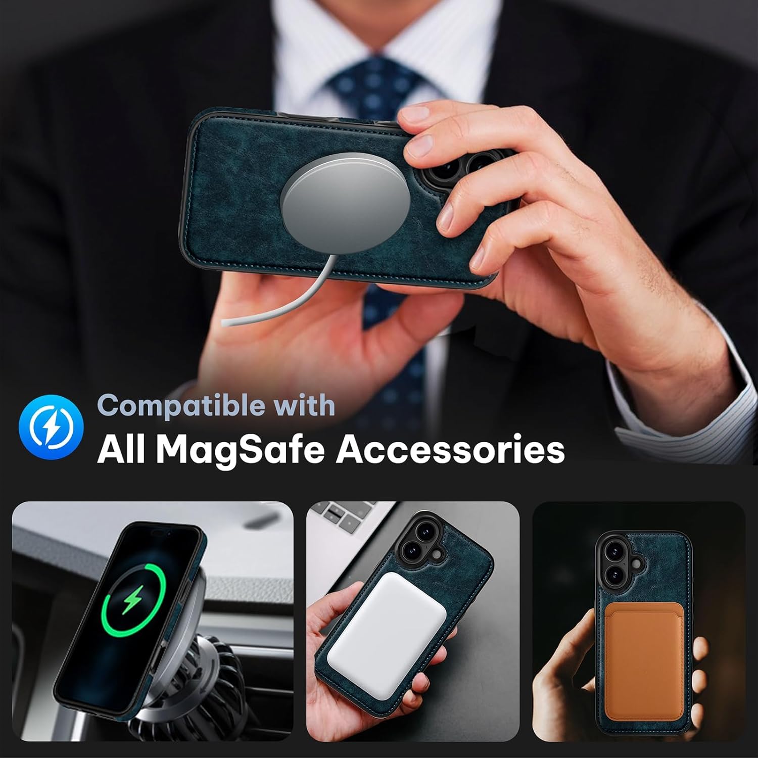 LOHASIC Compatible with MagSafe for iPhone 16 Case, Vintage Leather Slim Business PU Cover Non-Slip Grip Shockproof Bumper Full Body Protective Men Women Phone Case for iPhone 16 5G 6.1" (2024) - Blue - Image 5