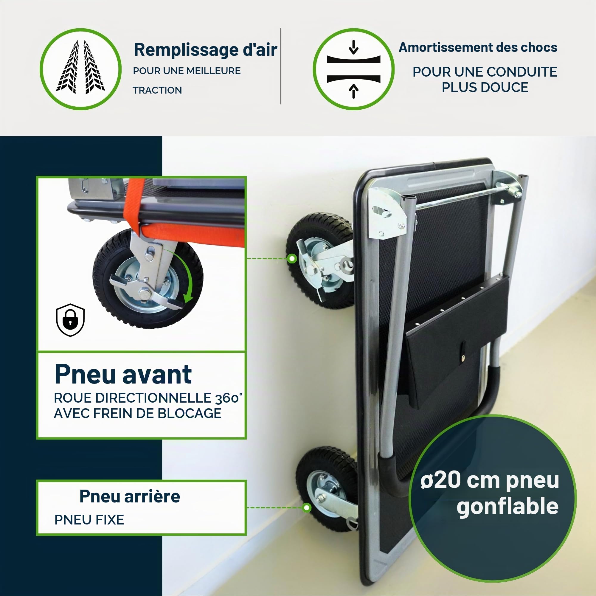 PROREGAL Chariot à Plateforme Professionnel BIG Rhino 300 kg Pliable avec pneus pneumatiques, roulettes pivotantes à 360° et roulettes Fixes avec Frein de stationnement