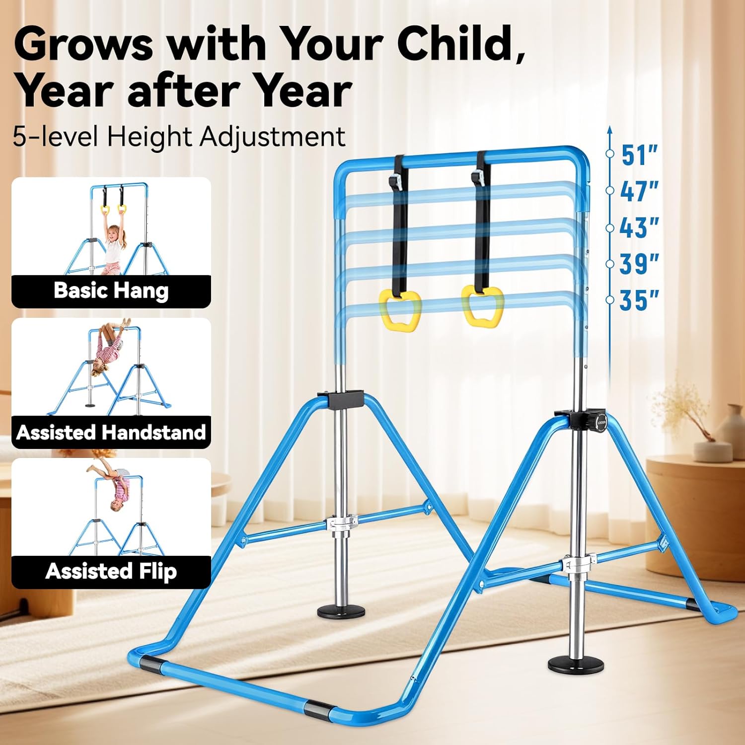 Kids Gymnastics Bar Gymnastic Equipment for Home Adjustable Height Gymnastic Training Bar Gymnastic Stuff for 3-7 Years Old Girls Blue with ring