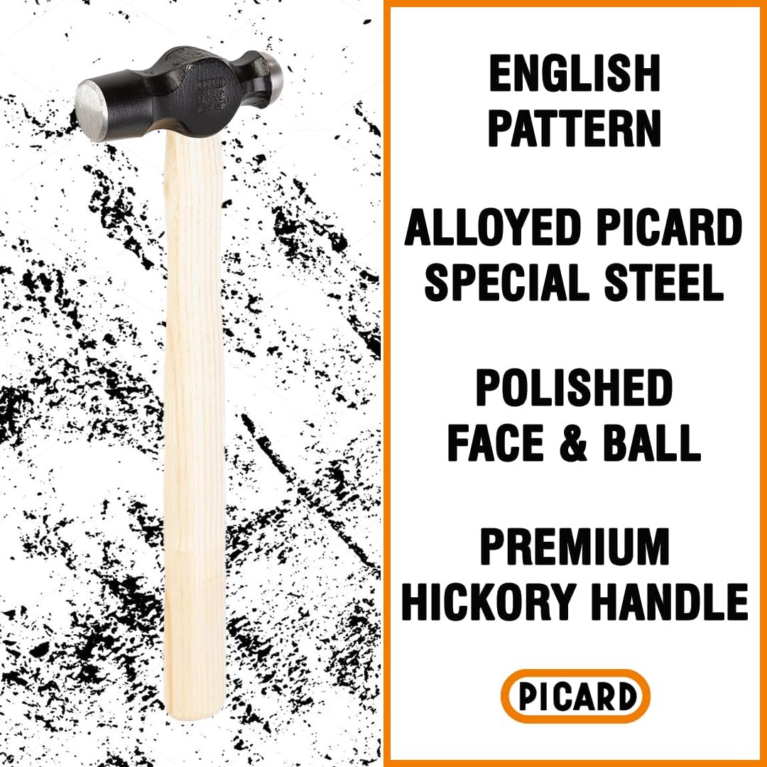 Picard Engineers Hammer 900g – Ball Peen Hammer, English Pattern, Polished Face & Ball, Alloyed Steel Head, Premium Hickory Handle, Ring Wedge Fixture for Secure Connection – 0000902-0900