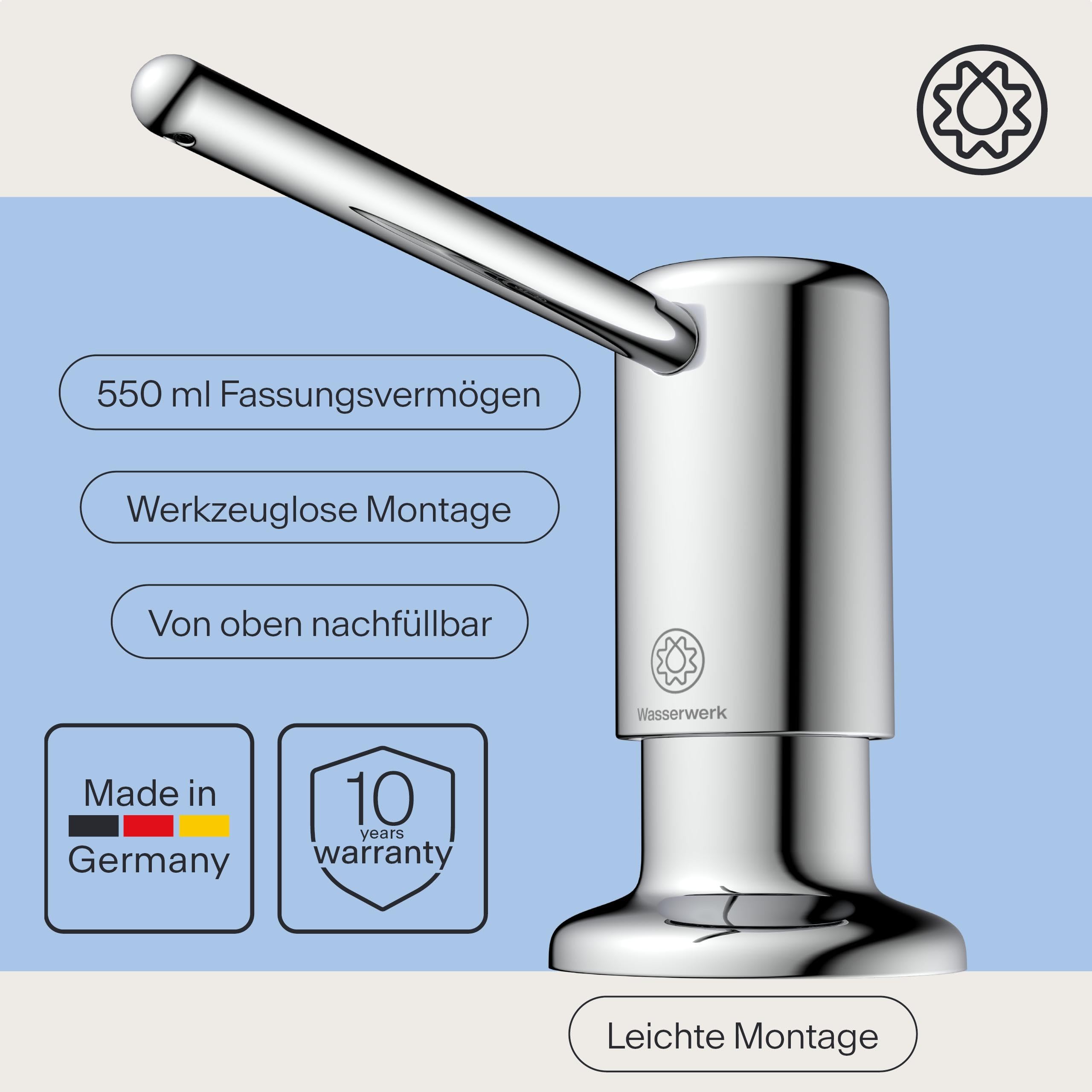 Seifenspender Chrom | Einbau Seifenspender Küche | Spülmittelspender Küche Einbau | hochwertiges Messing | Made in Germany