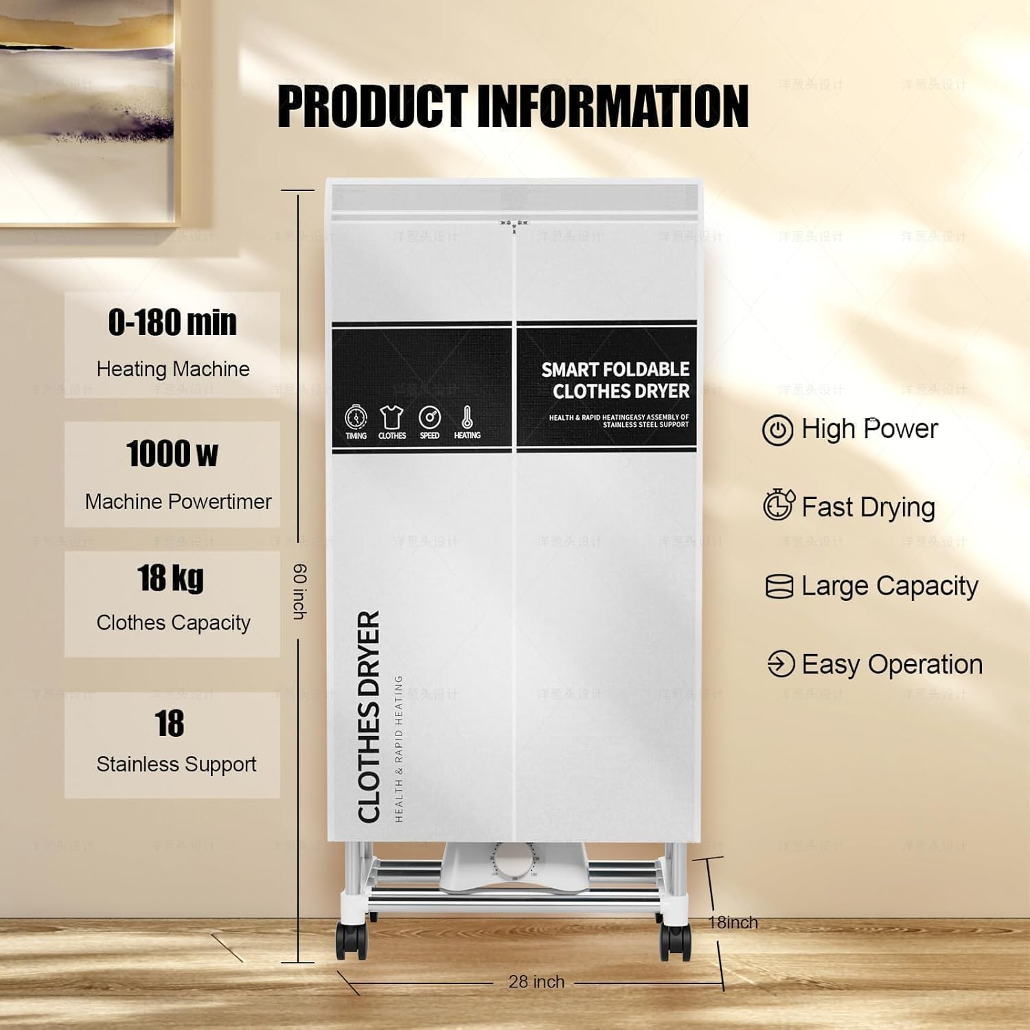 Secadora de Ropa Eléctrica Portátil con temporizador, armario de secado de ropa de 60 pulgadas de gran capacidad, tendedero eléctrico para el hogar | Apartamentos (Gris)