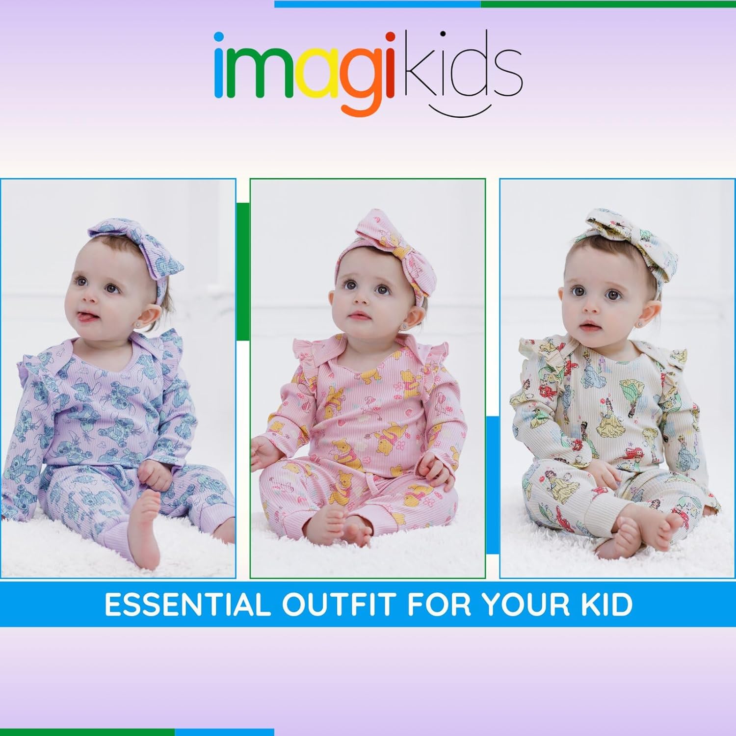 Disney Baby Girls Ribbed Bodysuit, Jogger Pants & Headband 3 Piece Outfit Set Newborn to Infant Sizes (Newborn - 24 Months) - Image 3