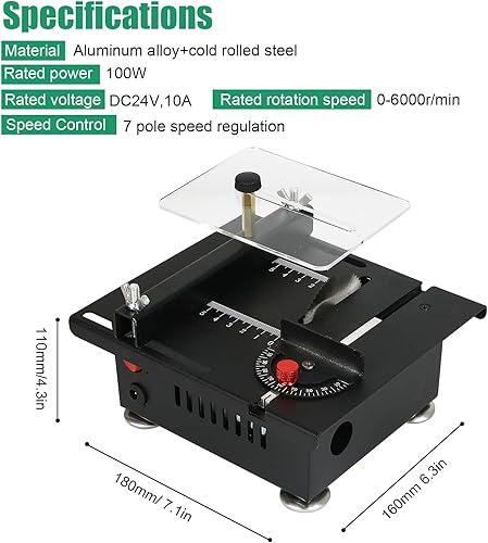 Miniatura 2 de Mini sierra de mesa, sierras de mesa multifuncionales para carpintería de 100 W, ángulo de velocidad de altura ajustable, profundidad de corte de