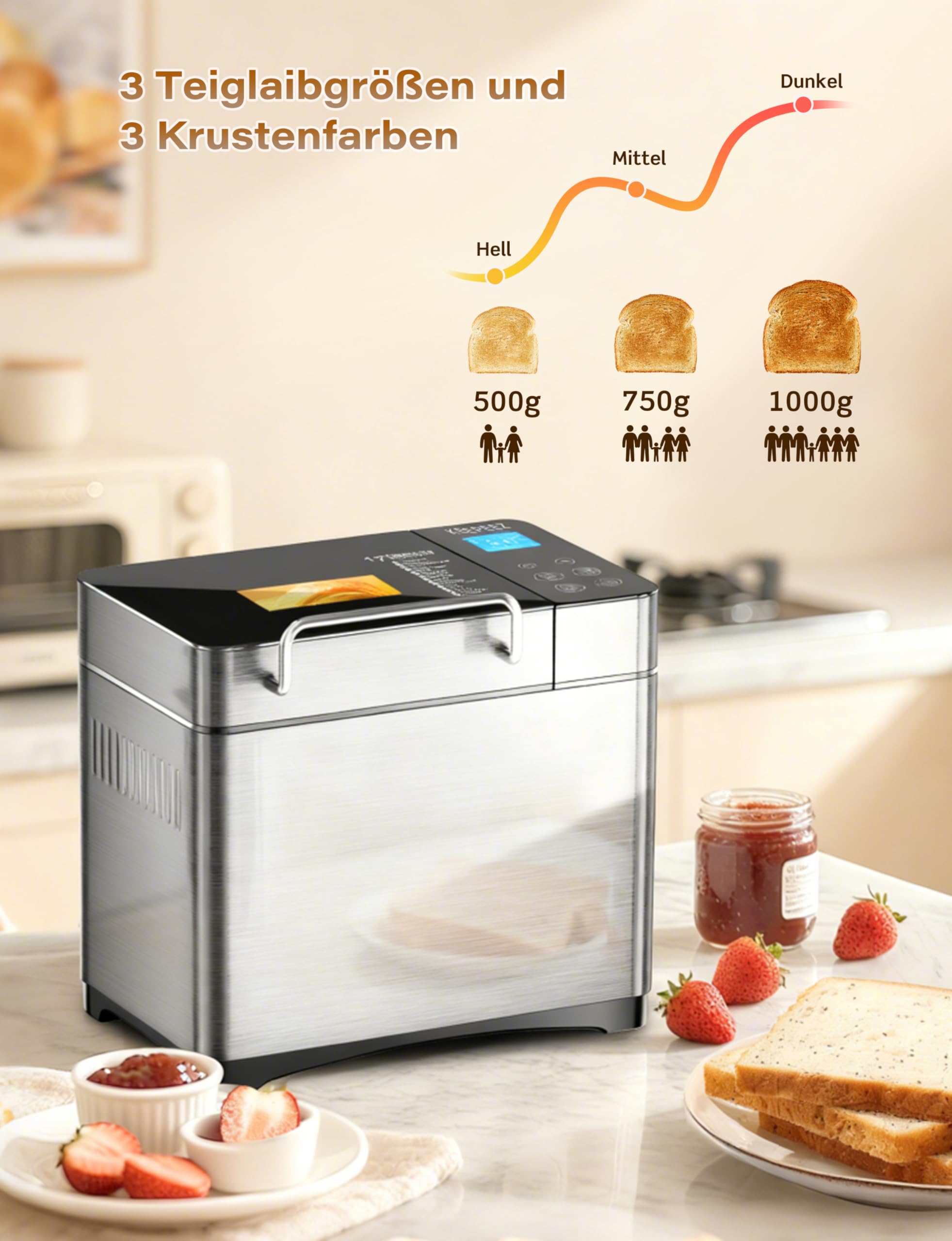 2LB 17 in 1 in acciaio inox con contenitore per frutta e frutta, stampo in ceramica antiaderente e pannello touch digitale, 3 misure, 3 colori, set di riserva e manutenzione