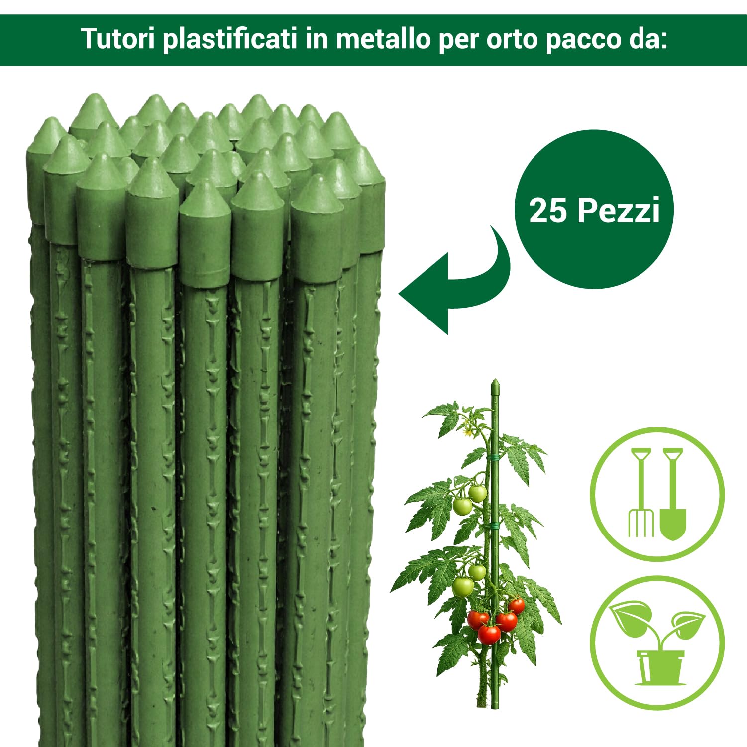 Crisalide® Tutores para plantas 180 cm Ø16 mm de acero plastificado antioxidante, bastones para tomates, huerto y jardín, soporte plantas resistentes, disponibles 5 10 25 unidades (25)